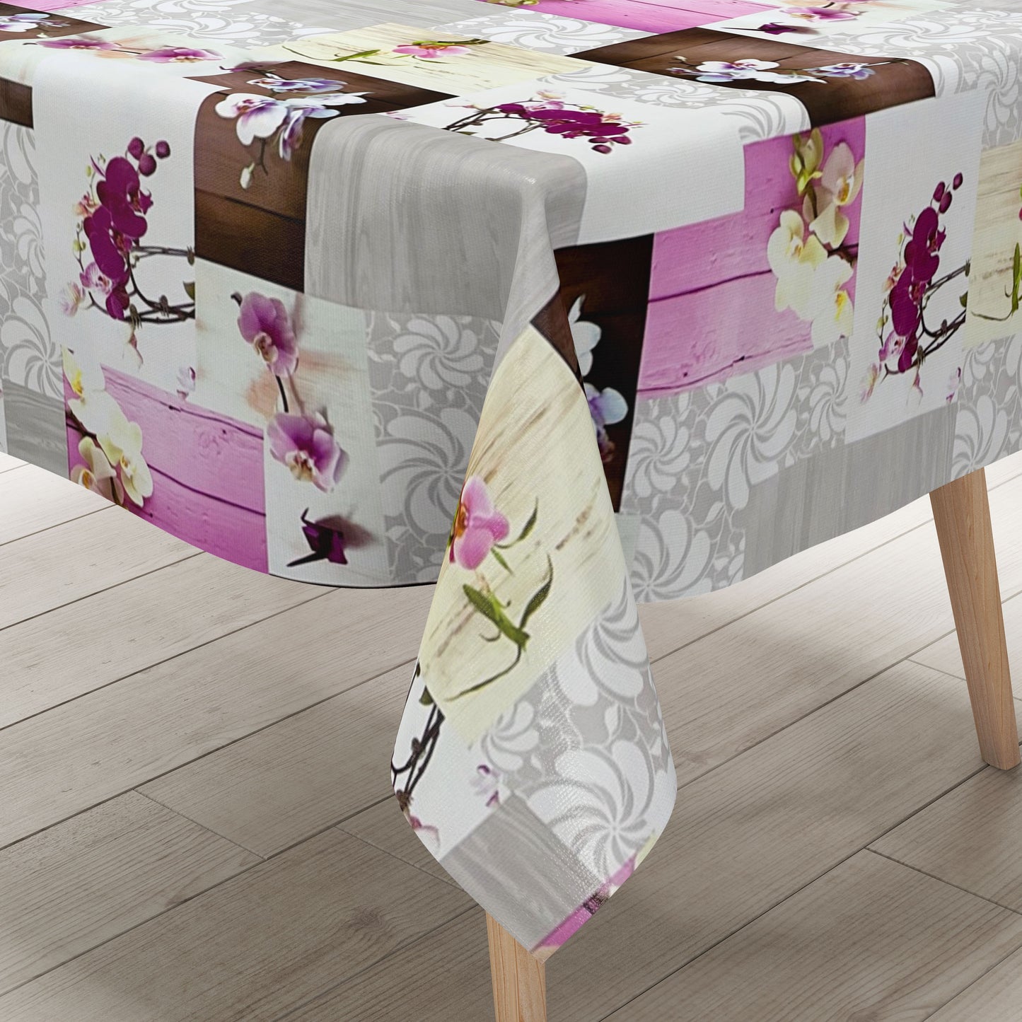 Nappe toile cirée CB60 orchidées roses sur bois carrée ronde ovale