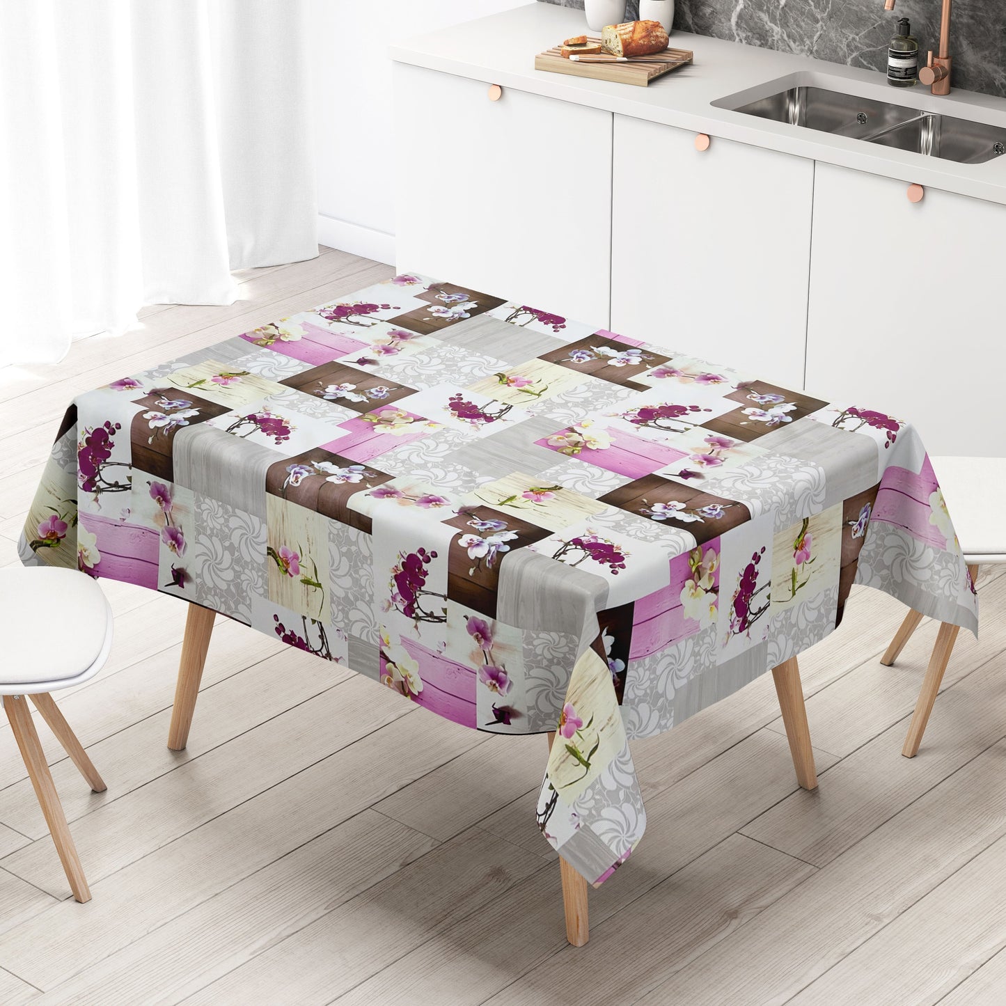 Nappe toile cirée CB60 orchidées roses sur bois carrée ronde ovale