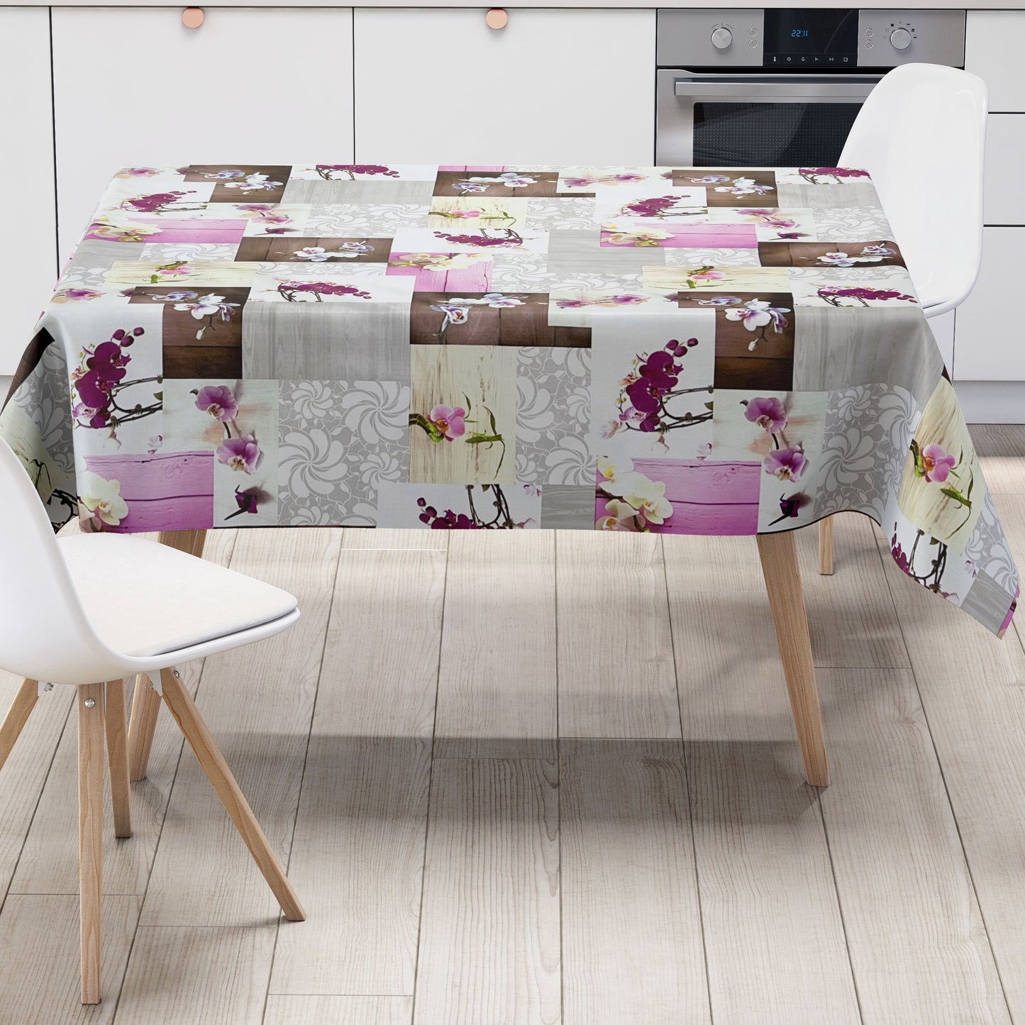 Nappe toile cirée CB60 orchidées roses sur bois carrée ronde ovale