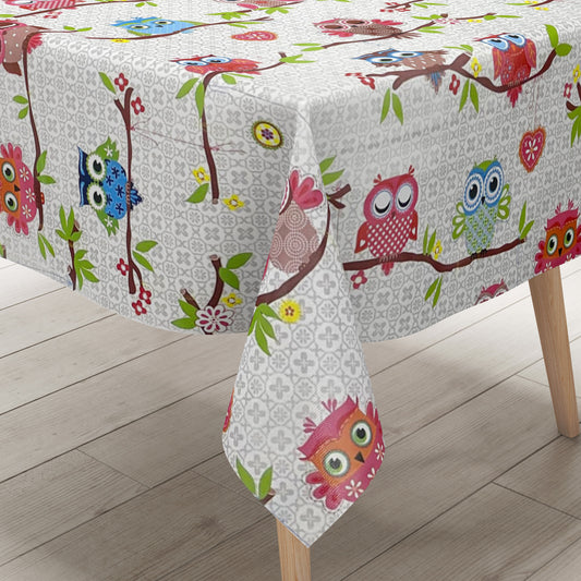 Nappe en toile cirée K-BE4213 hiboux colorés hibou grand-duc carré rond ovale