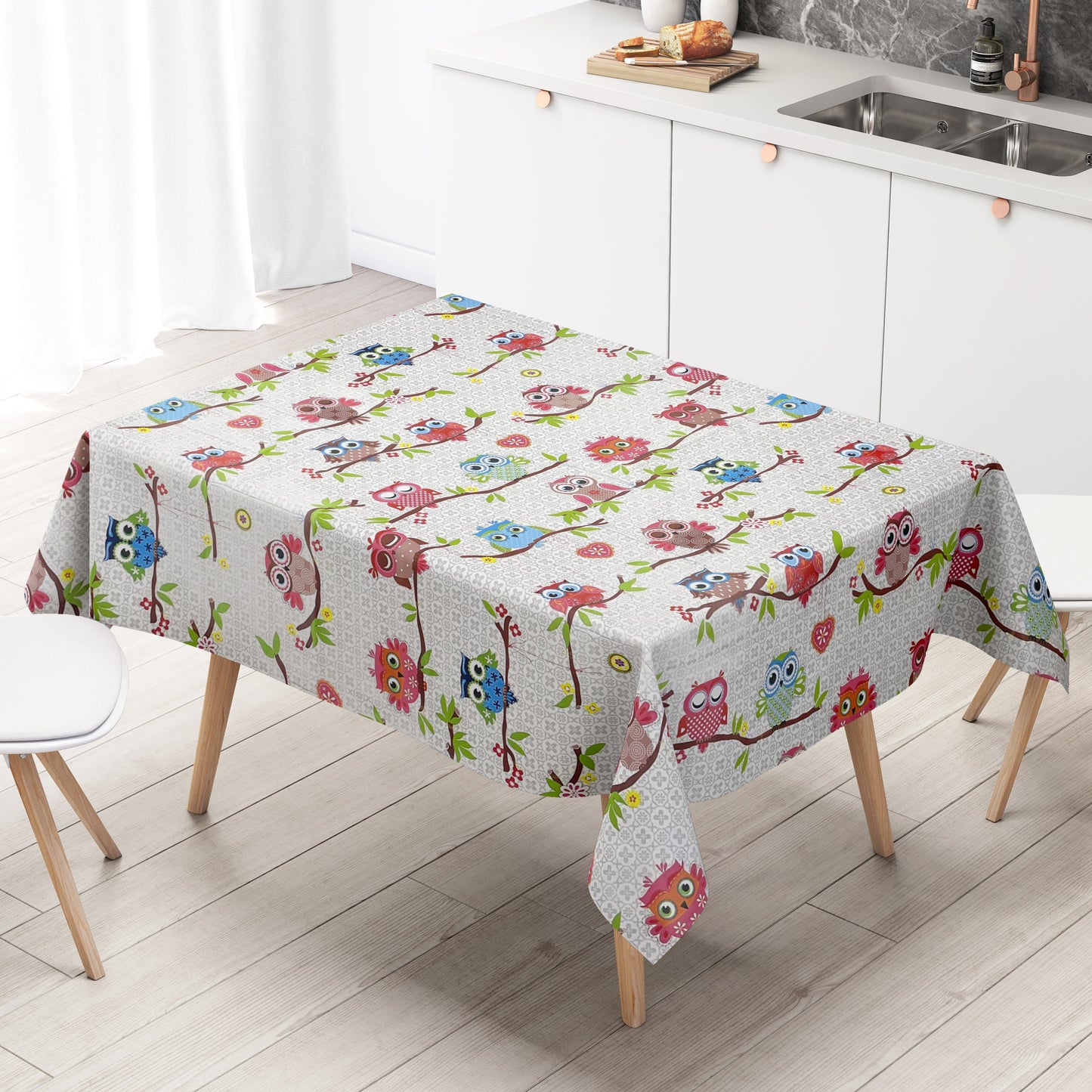 Wachstuch Tischdecke K-BE4213 bunte Eulen Uhu eckig rund oval