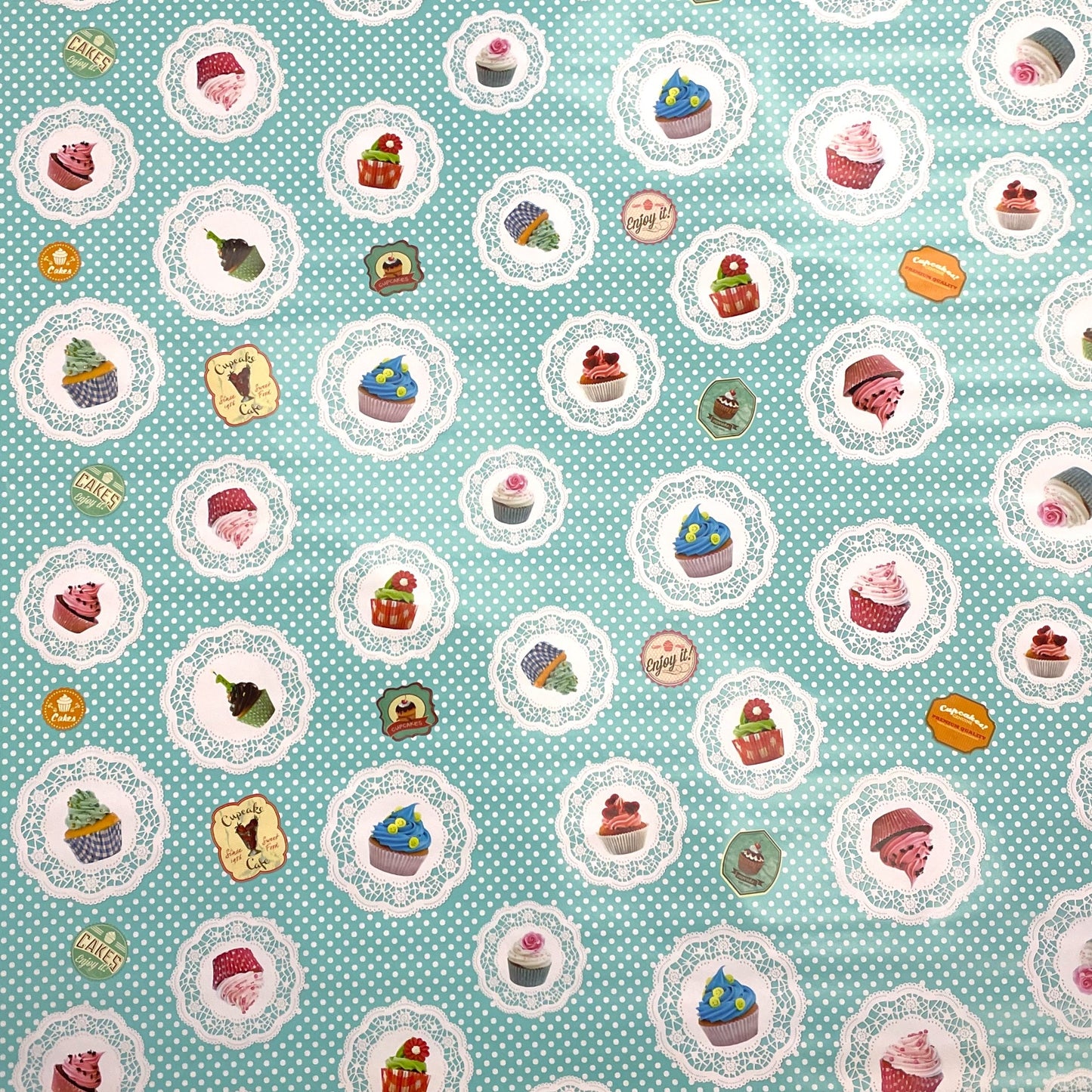Oilcloth tablecloth K150017 CupCakes turquoise dots square round oval