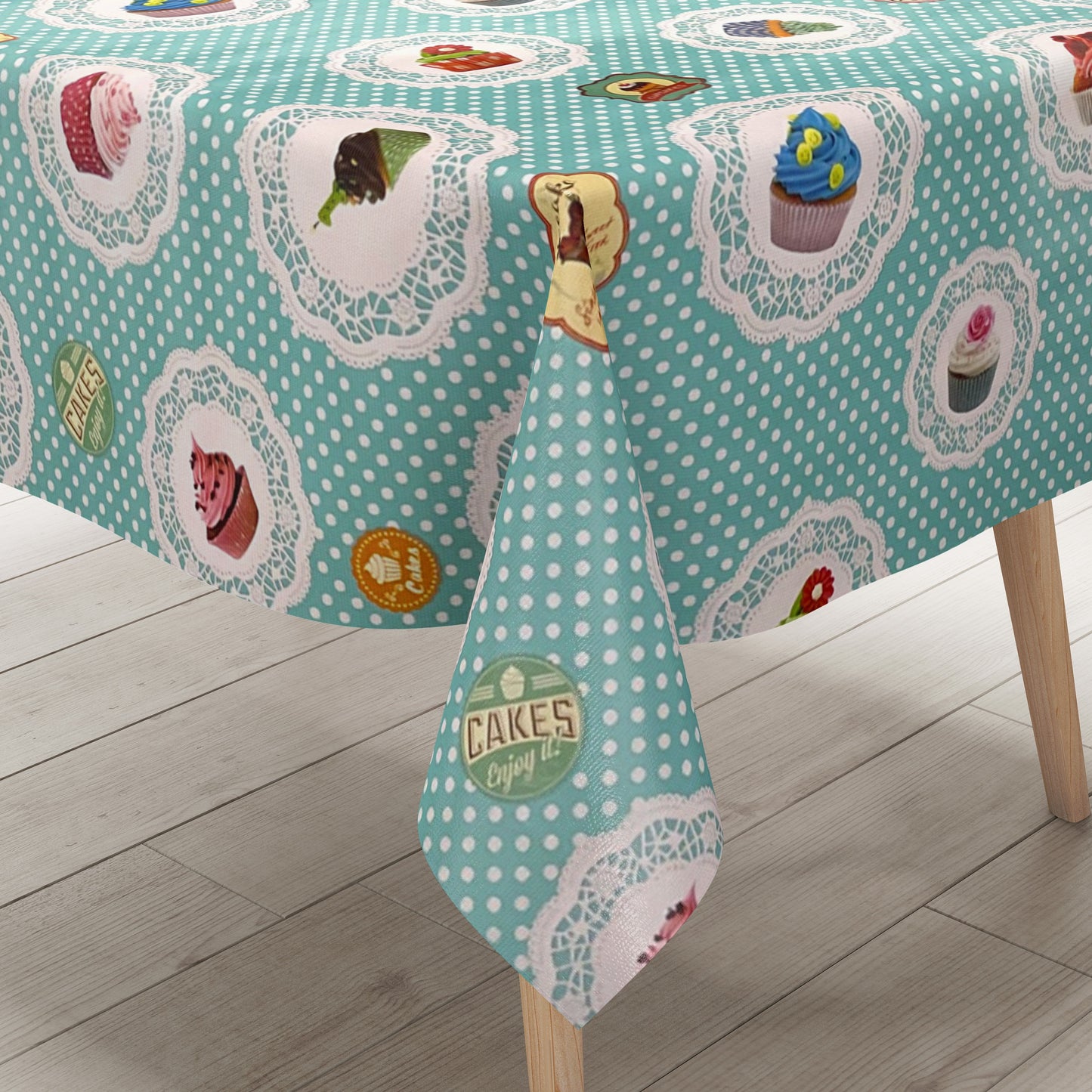 Oilcloth tablecloth K150017 CupCakes turquoise dots square round oval