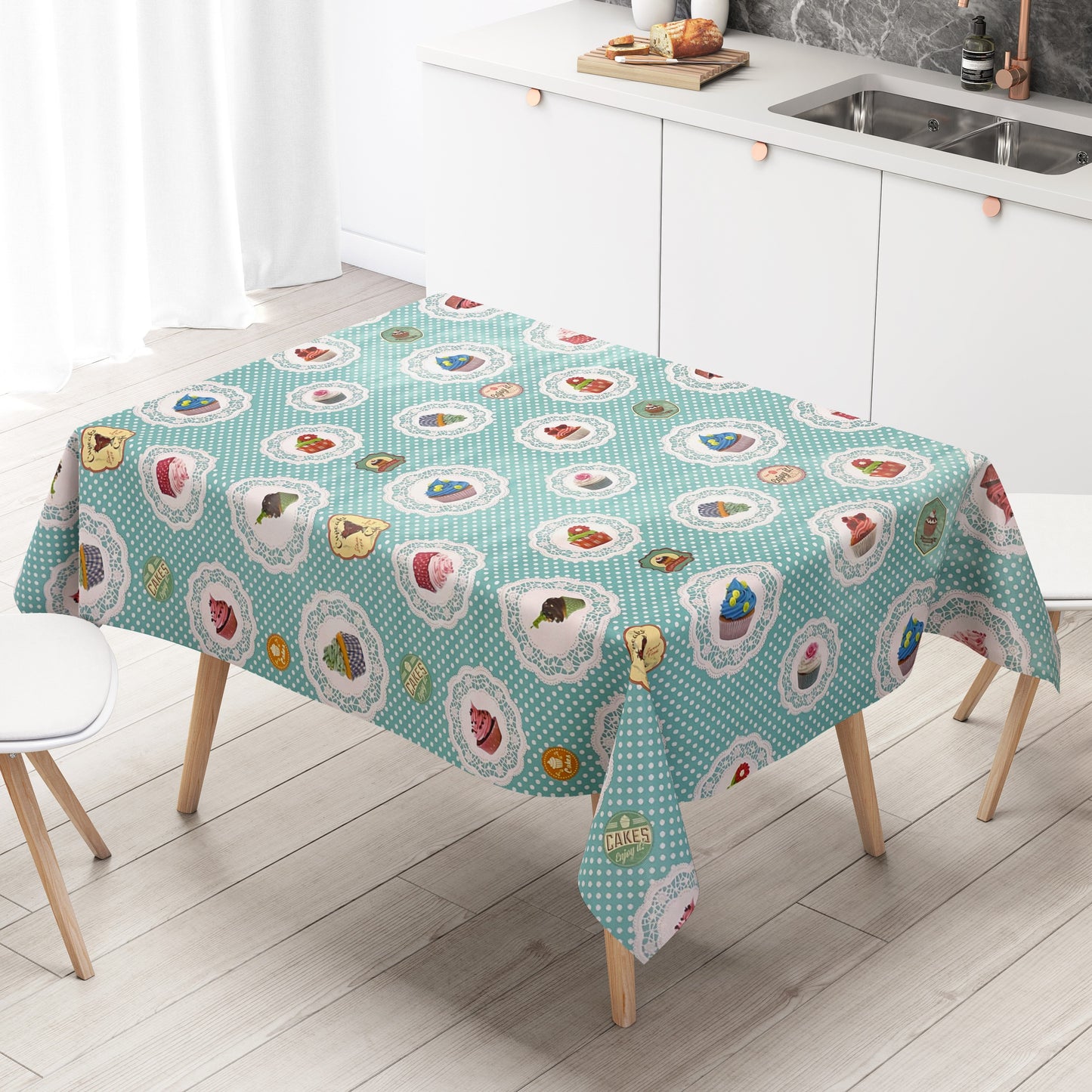 Oilcloth tablecloth K150017 CupCakes turquoise dots square round oval