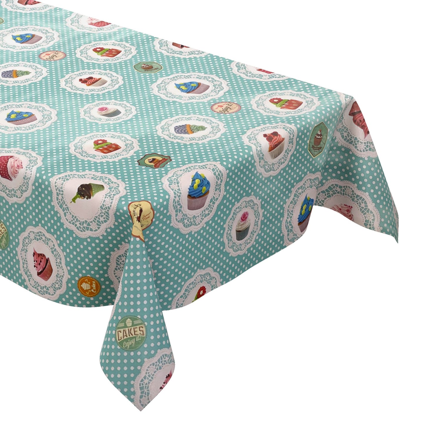 Oilcloth tablecloth K150017 CupCakes turquoise dots square round oval