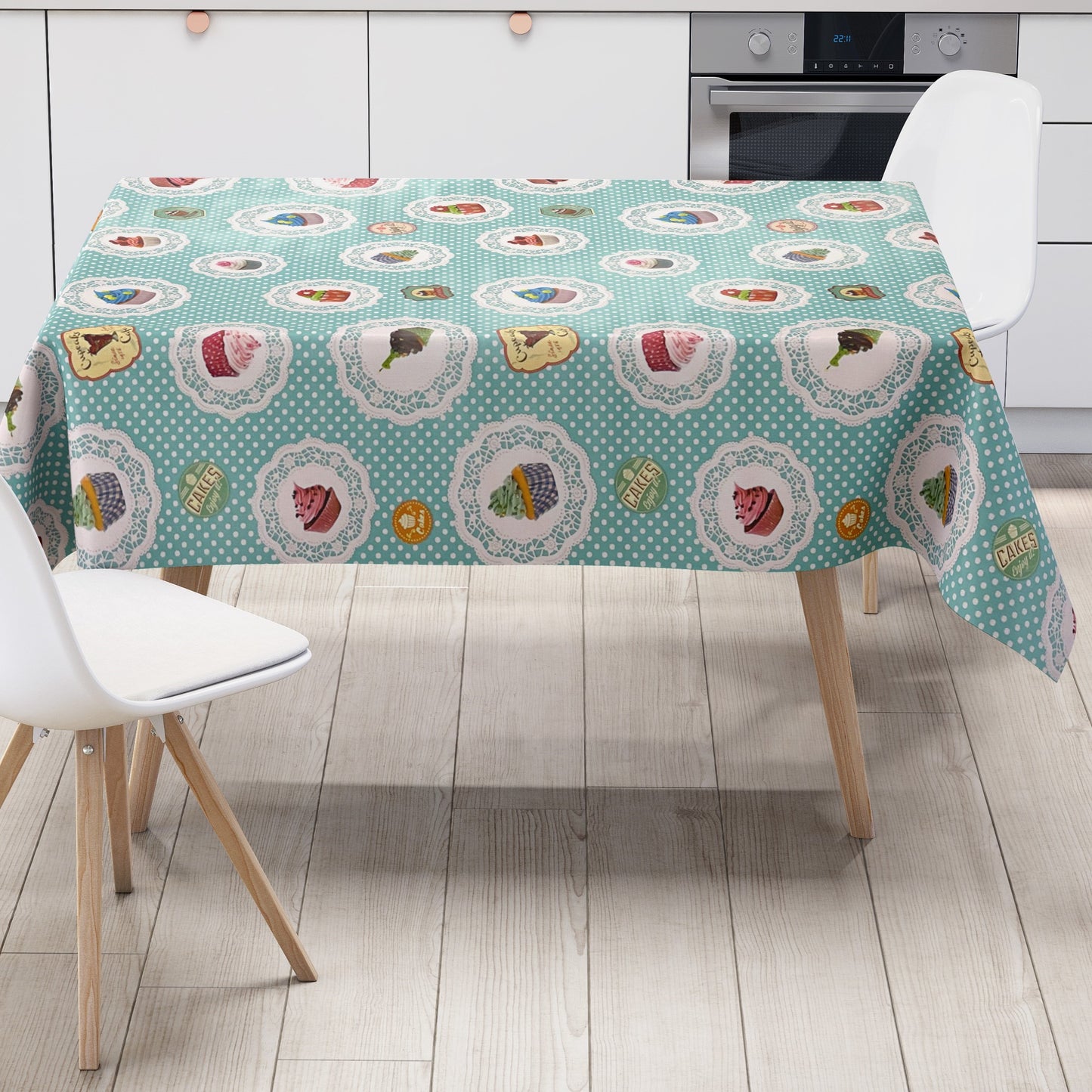Oilcloth tablecloth K150017 CupCakes turquoise dots square round oval