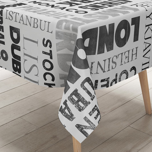 Oilcloth tablecloth K150059 cities Berlin London black white square round oval