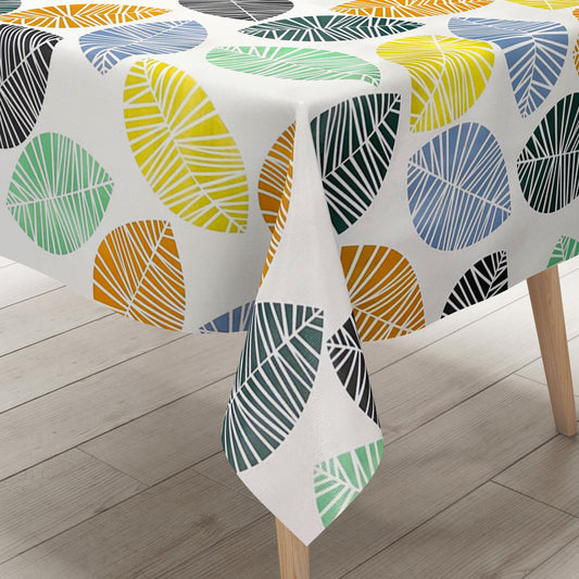 Nappe en toile cirée K150200 feuillage feuilles colorées sur blanc carré rond ovale