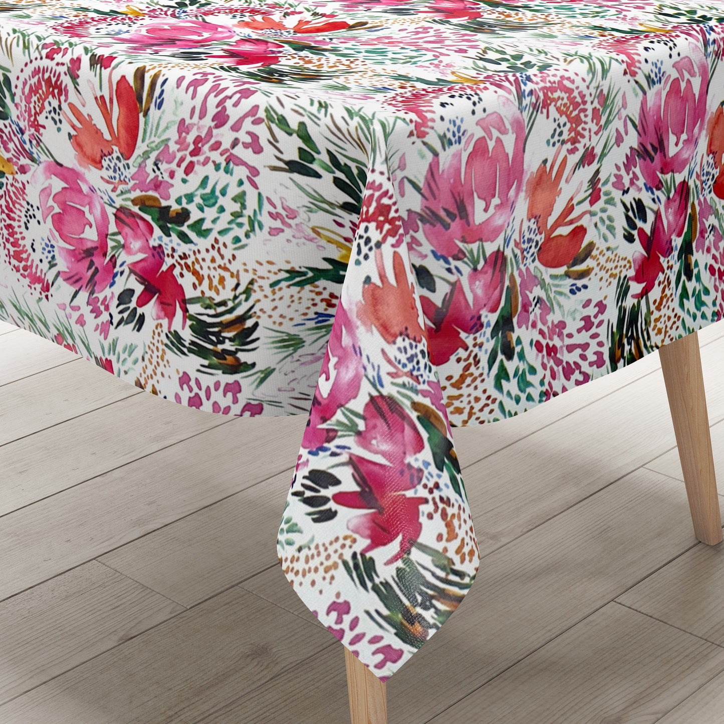 Nappe en toile cirée K150202 prairie fleurie fleurs roses sur blanc carré rond ovale