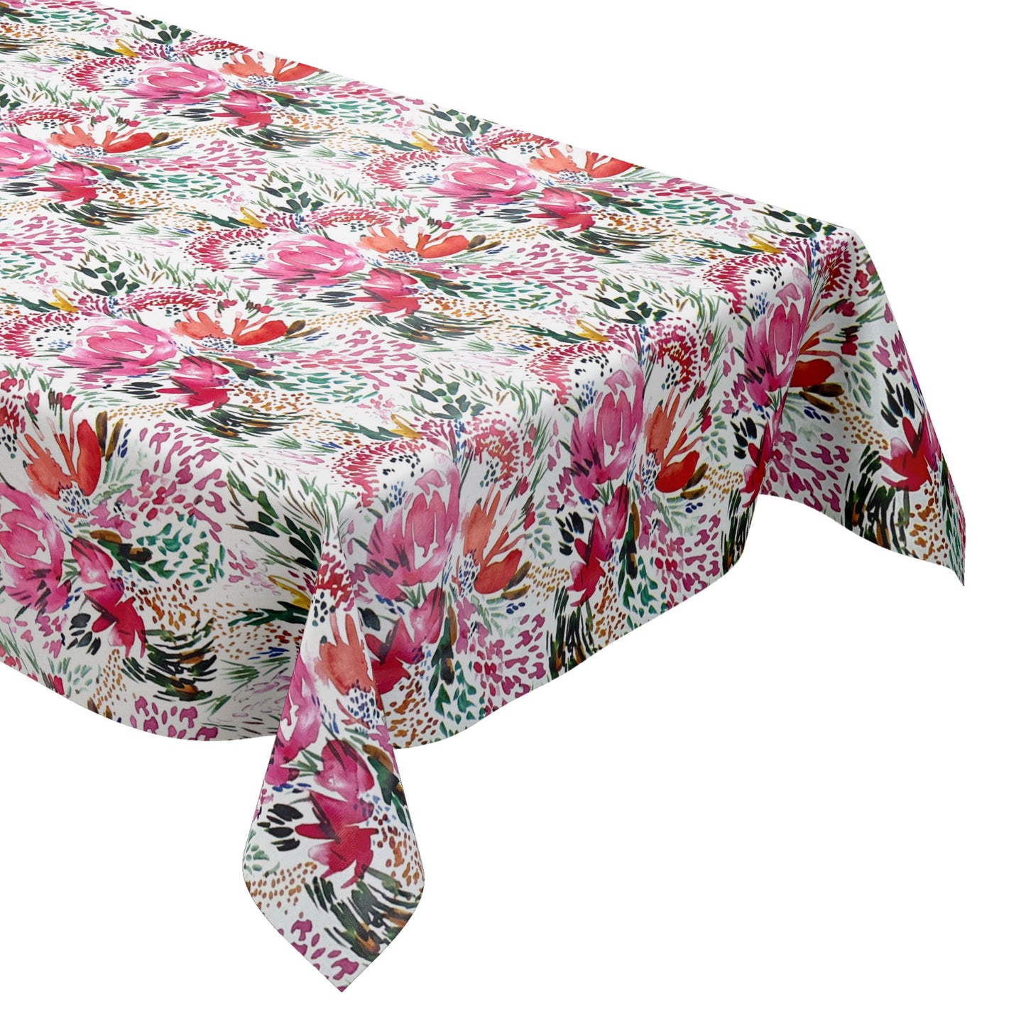 Nappe en toile cirée K150202 prairie fleurie fleurs roses sur blanc carré rond ovale