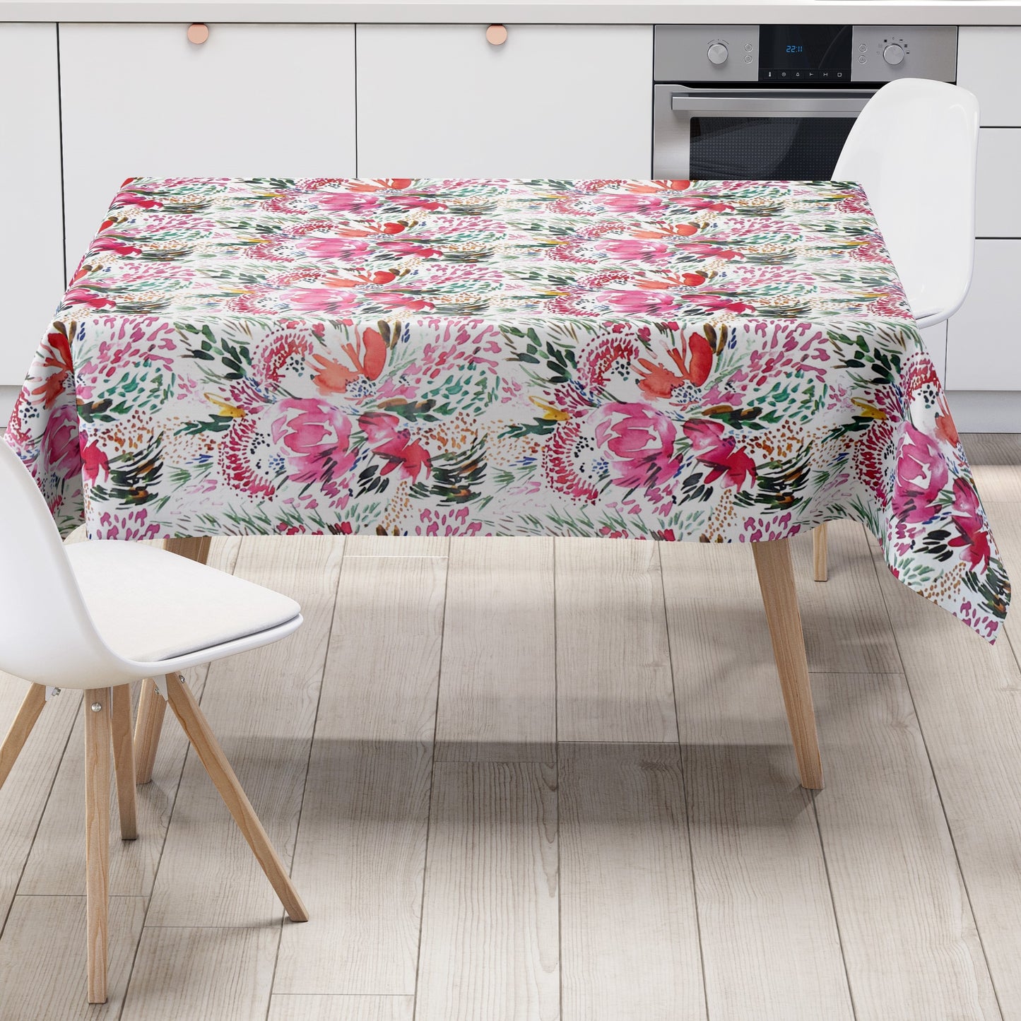 Nappe en toile cirée K150202 prairie fleurie fleurs roses sur blanc carré rond ovale