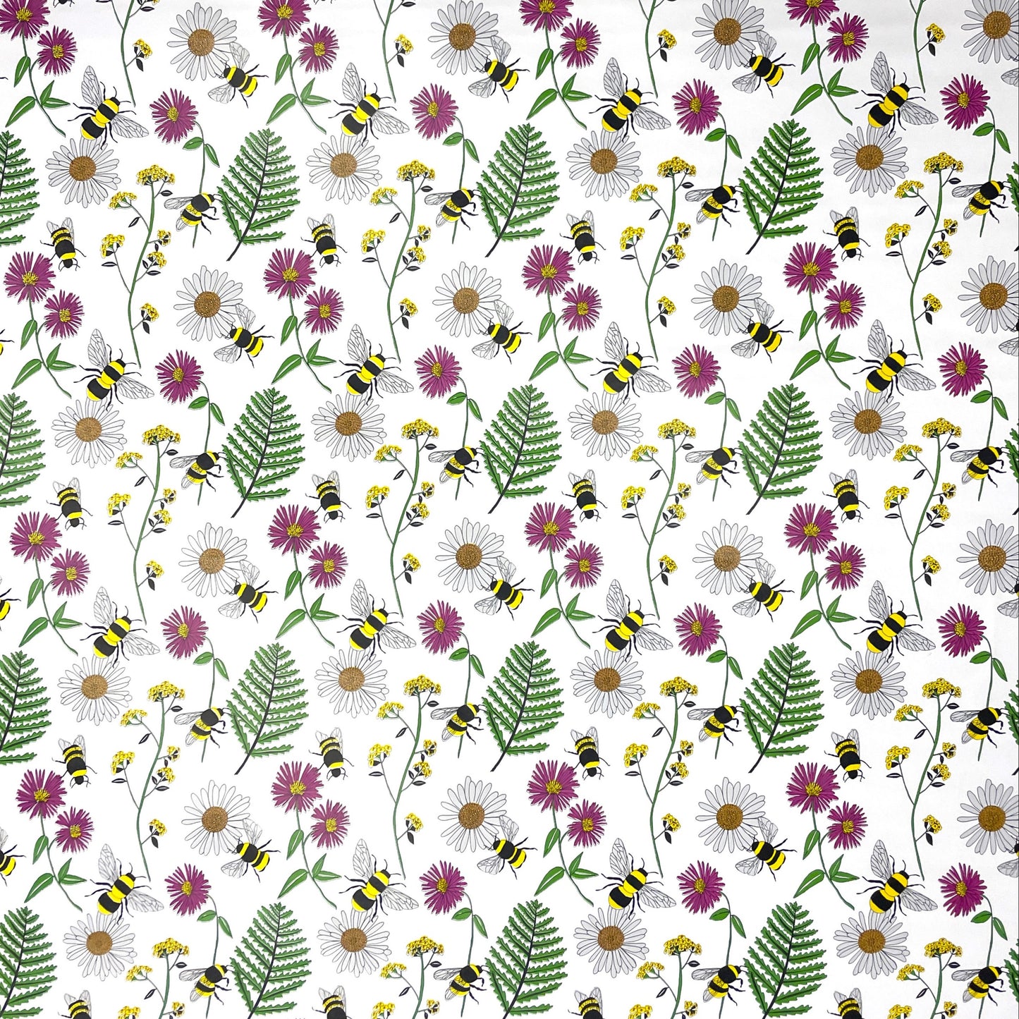 Nappe en toile cirée K150205 fleurs colorées et abeilles sur fond blanc carré rond ovale