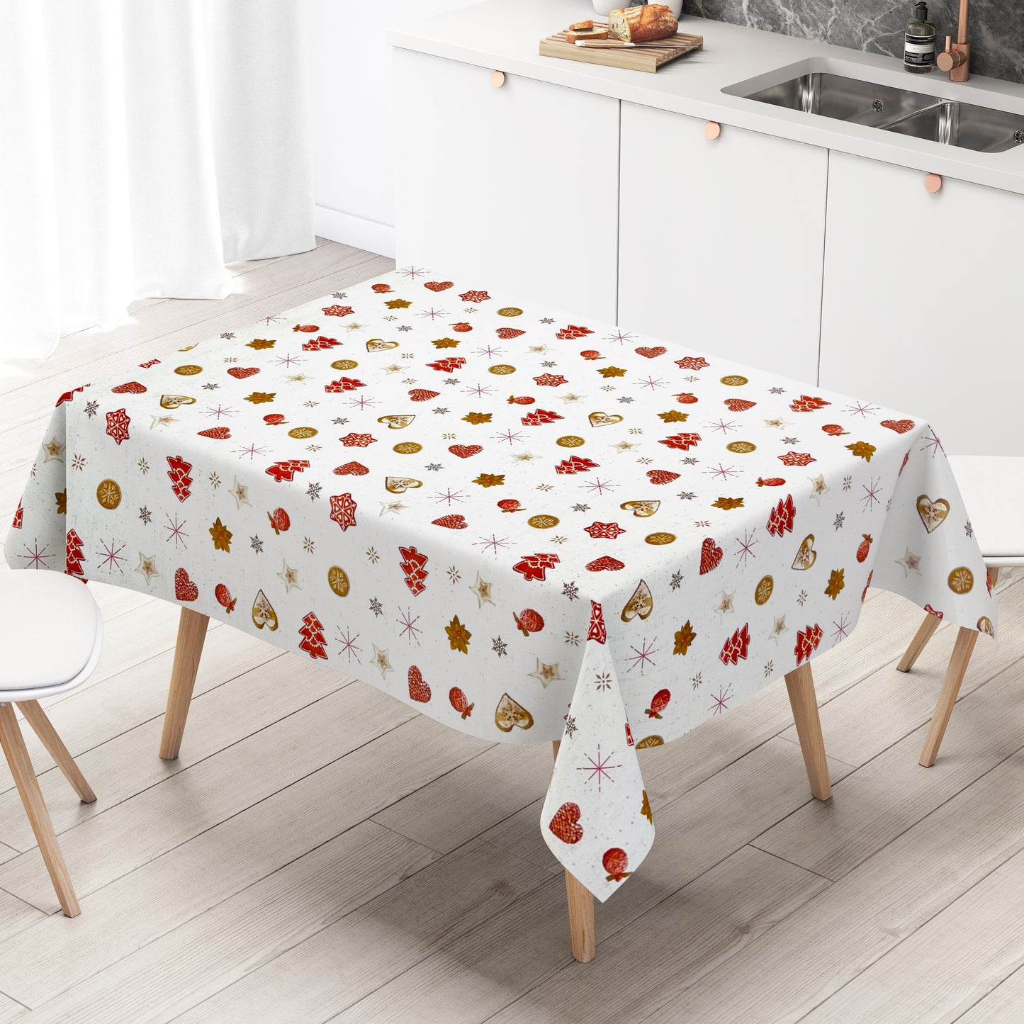 Nappe en toile cirée gaufrée Noël KE42410 pain d'épices coeurs rouges carré rond ovale