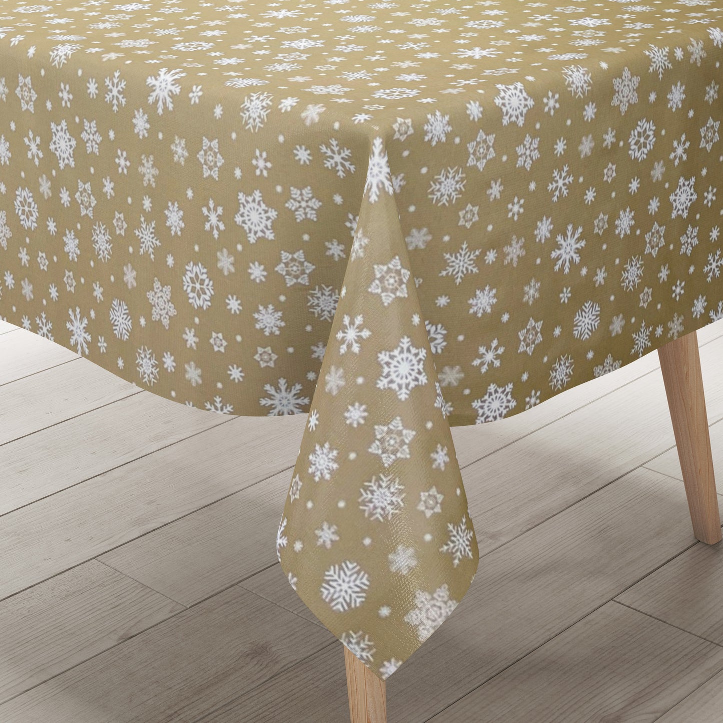 Nappe en toile cirée gaufrée Noël P1096-1 flocons de neige sur fond doré carré rond ovale