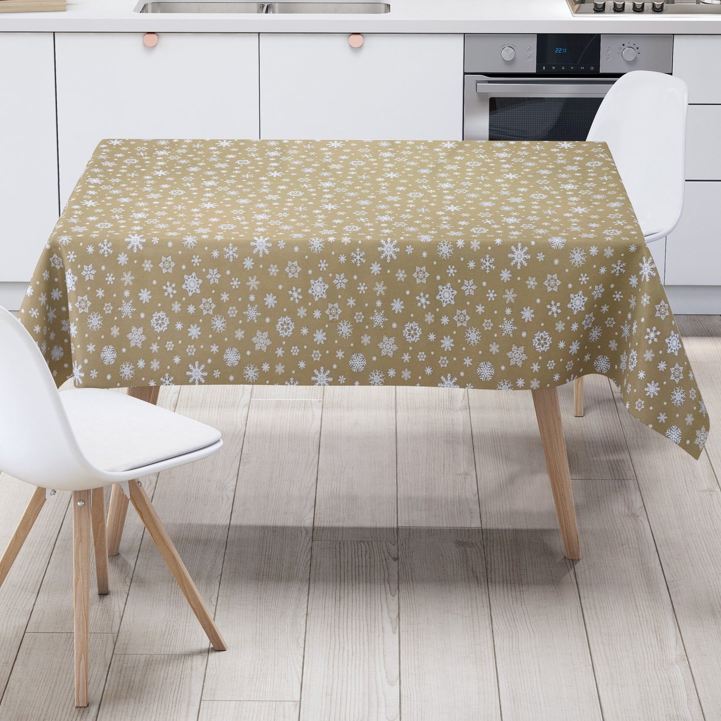 Nappe en toile cirée gaufrée Noël P1096-1 flocons de neige sur fond doré carré rond ovale