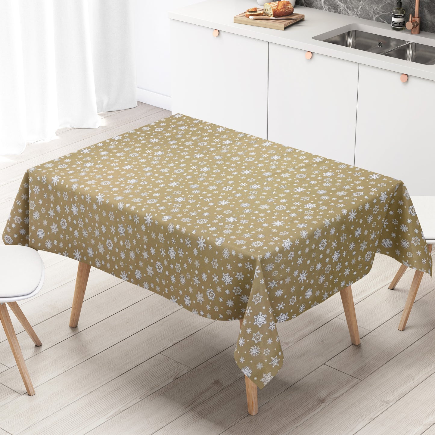 Nappe en toile cirée gaufrée Noël P1096-1 flocons de neige sur fond doré carré rond ovale