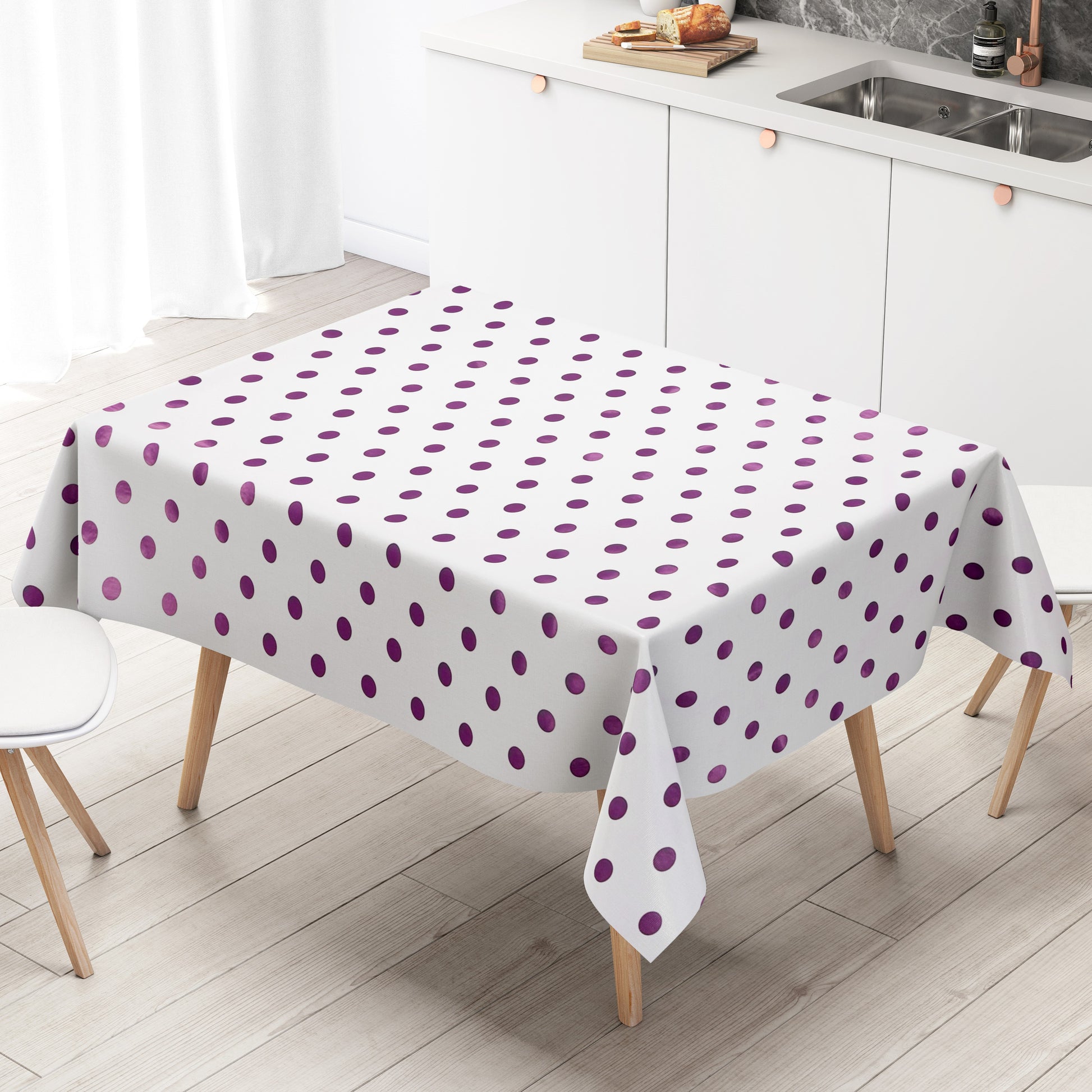 Wachstuch Tischdecke lila Punkte auf weiß