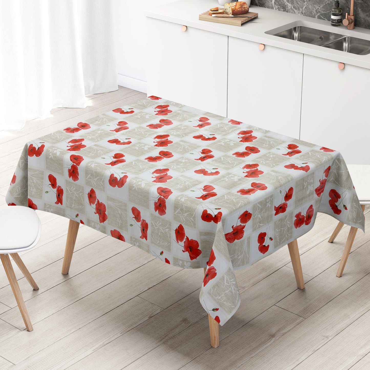 Wachstuch Tischdecke 01569-01 Mohnblumen Blüten kariert eckig rund oval
