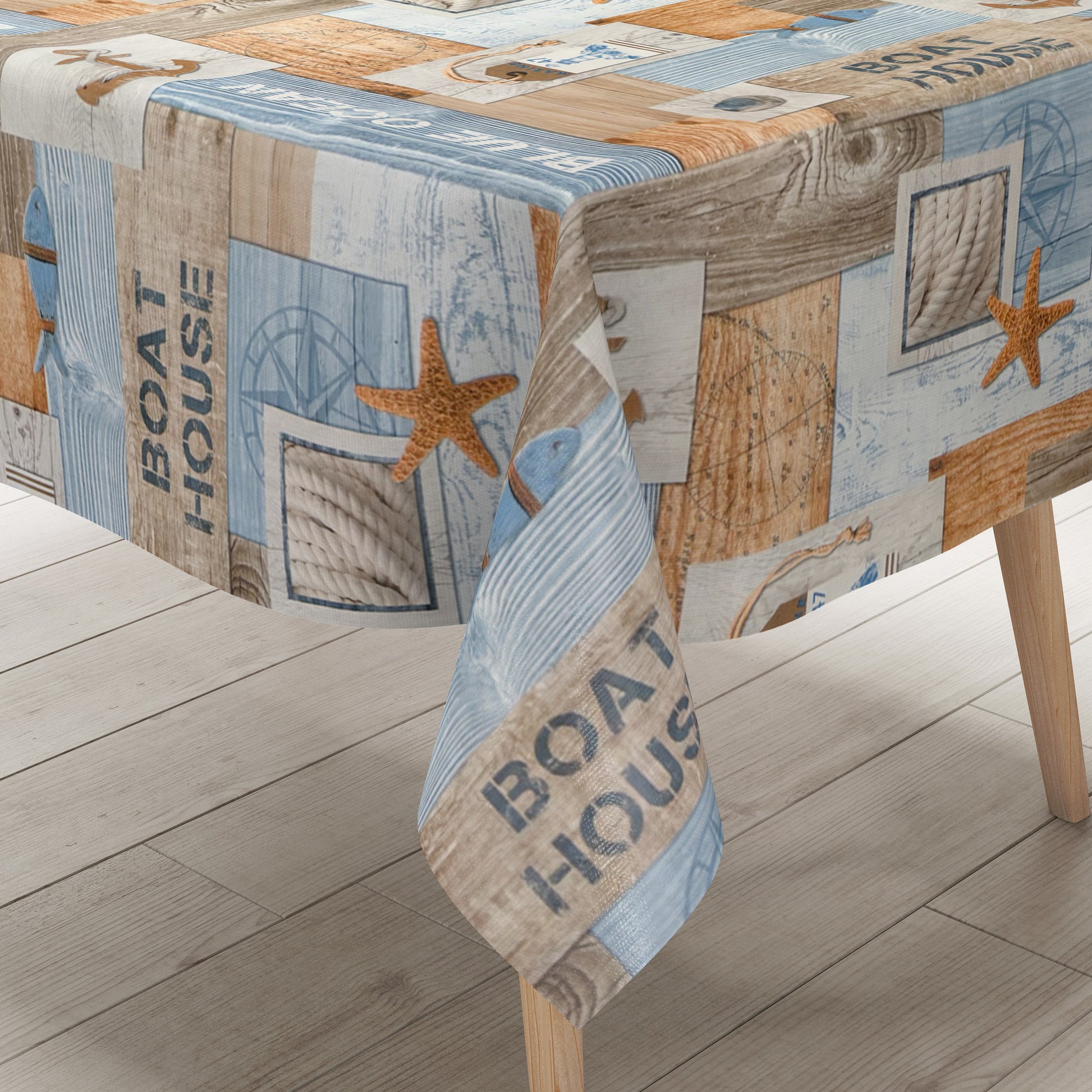 Wachstuch Tischdecke maritim  Seestern Fische Holz