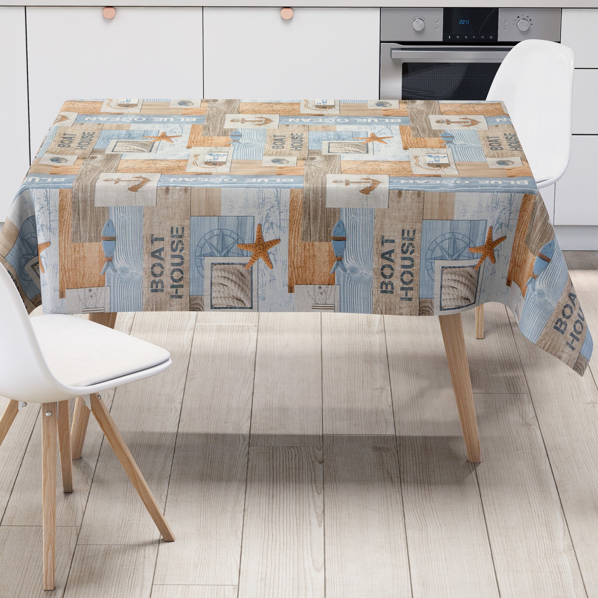 Wachstuch Tischdecke maritim  Seestern Fische Holz
