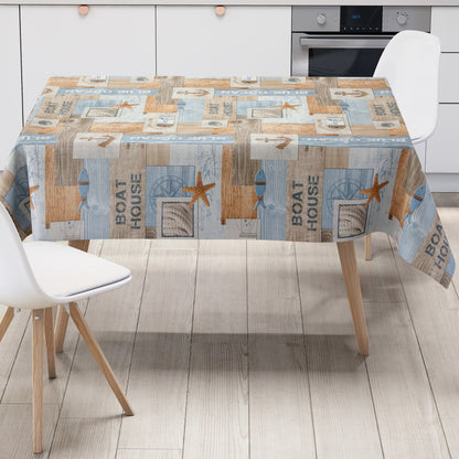Wachstuch Tischdecke maritim  Seestern Fische Holz