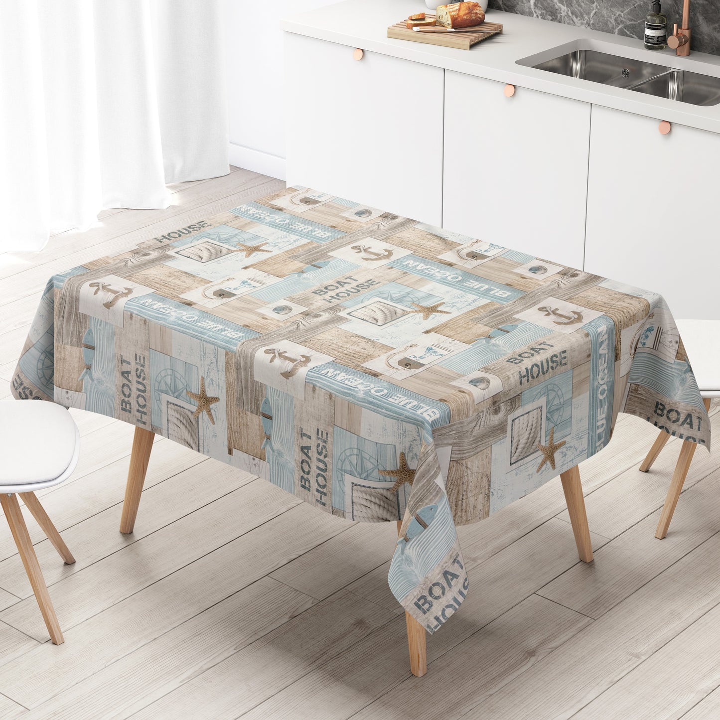 Wachstuch Tischdecke 01649-02 türkis maritim Meer Beach Seestern Holz eckig rund oval