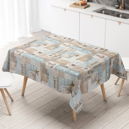 Wachstuch Tischdecke 01649-02 türkis maritim Meer Beach Seestern Holz eckig rund oval