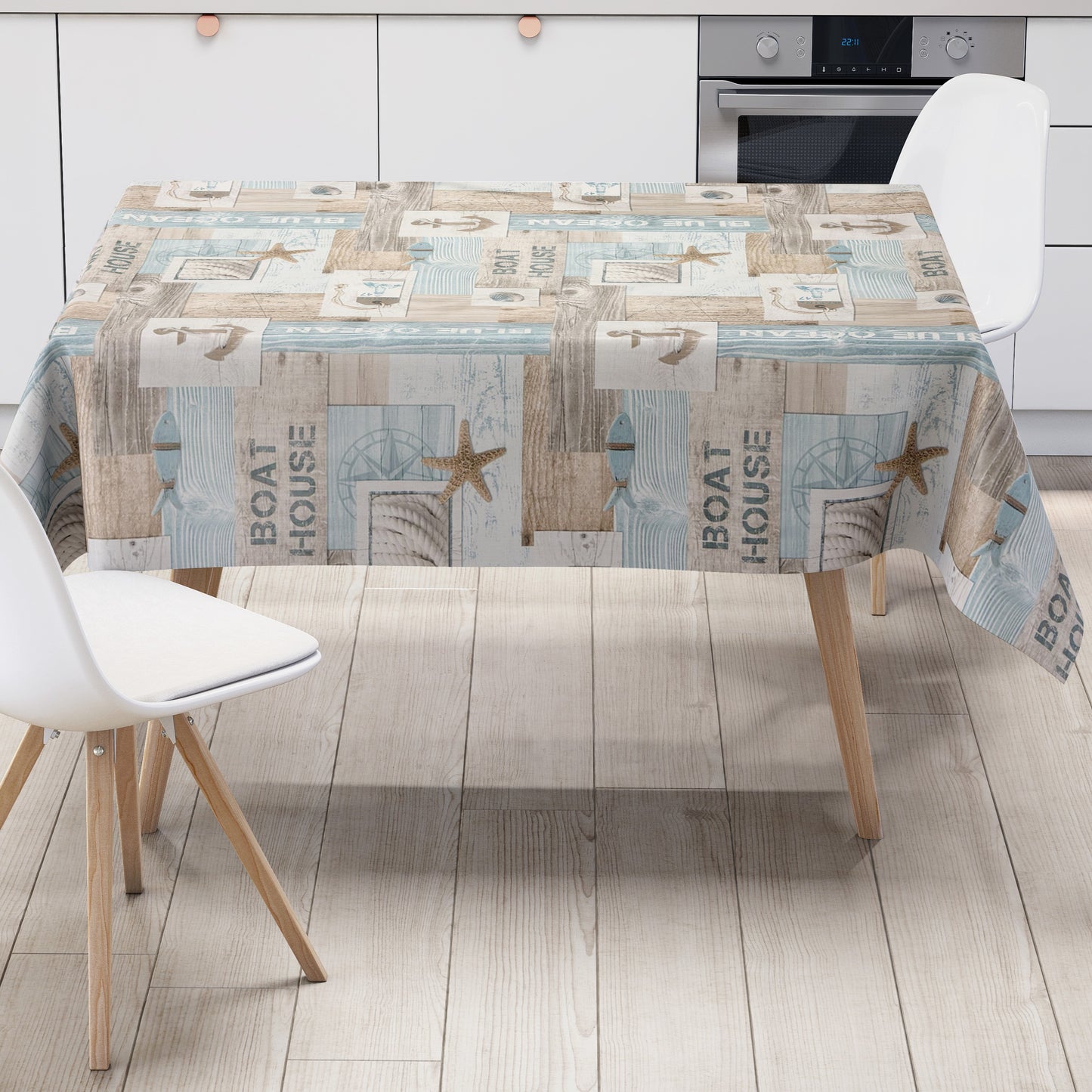 Wachstuch Tischdecke 01649-02 türkis maritim Meer Beach Seestern Holz eckig rund oval
