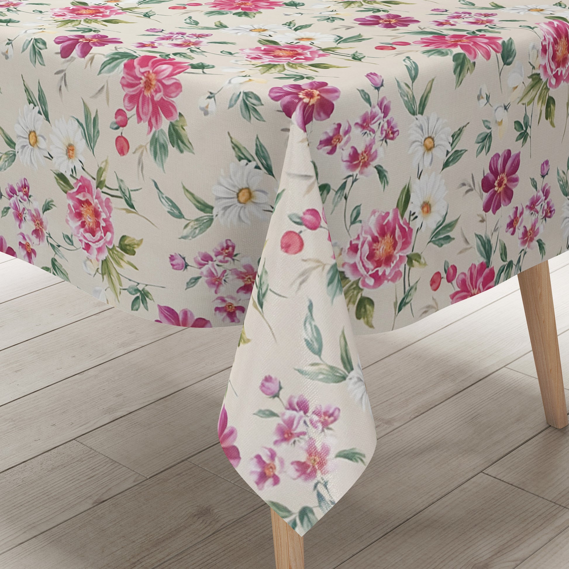 Wachstuch Tischdecke rosa Blüten auf beige