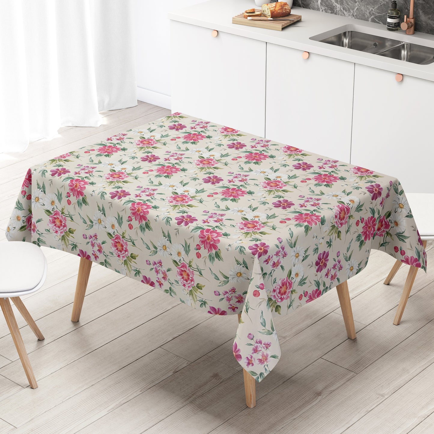 Wachstuch Tischdecke rosa Blüten auf beige