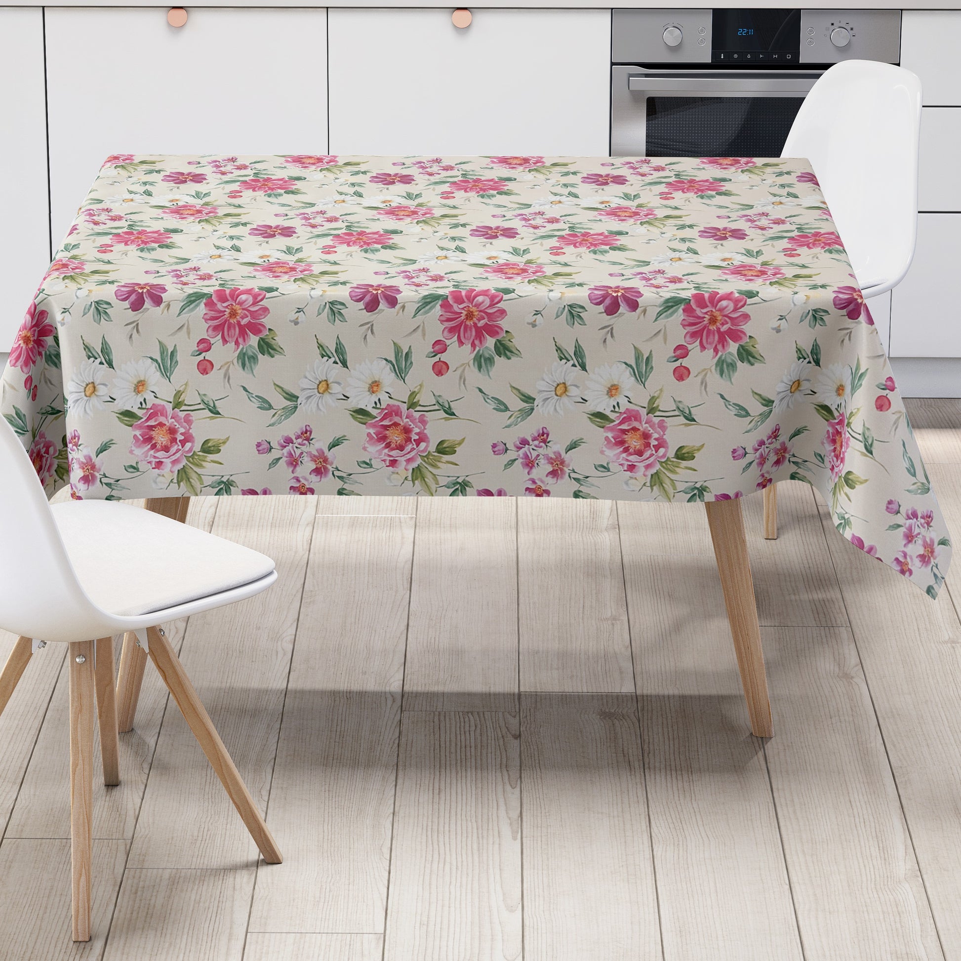 Wachstuch Tischdecke rosa Blüten auf beige