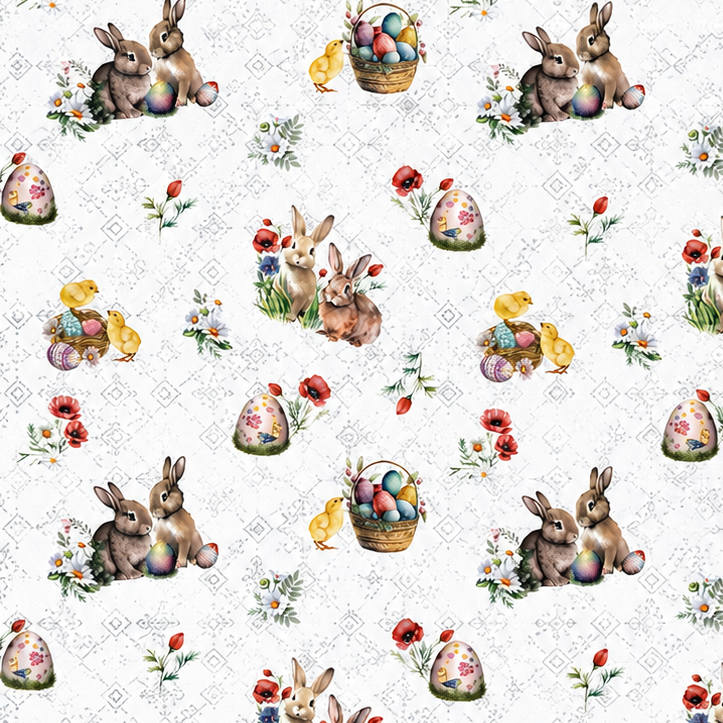 Wachstuch-Tischdecke mit Osterdessin auf weißem Hintergrund mit feinen silberfarbenen Ornamenten. Das Muster zeigt niedliche Hasen, flauschige Küken, bunte Ostereier in Körbchen sowie zarte Frühlingsblumen und Blütenzweige. Die liebevoll gestalteten Motive in harmonischen Pastelltönen verleihen der Tischdecke eine freundliche, frühlingshafte und festliche Ausstrahlung.