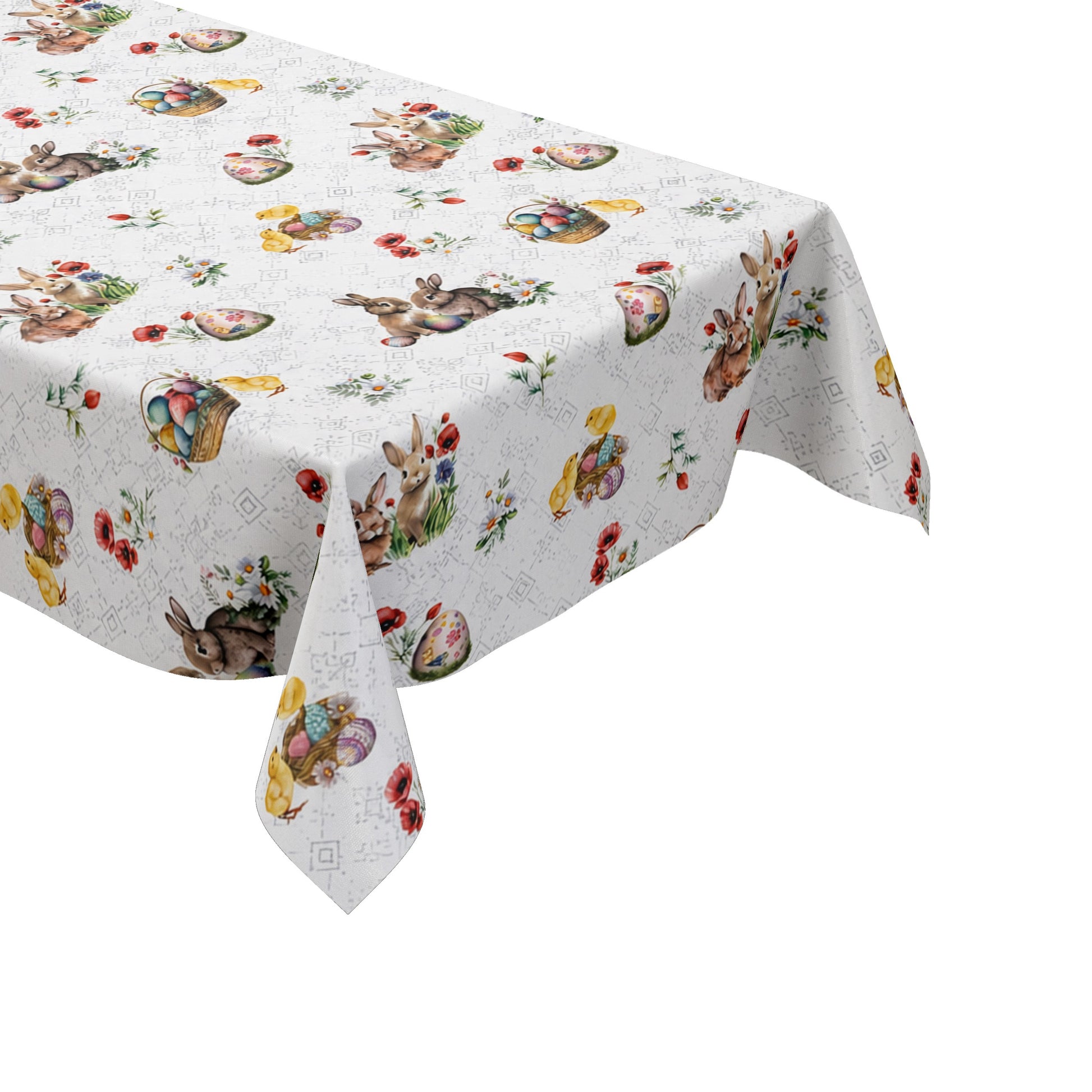 Wachstuch-Tischdecke mit Osterdessin auf weißem Hintergrund mit feinen silberfarbenen Ornamenten. Das Muster zeigt niedliche Hasen, flauschige Küken, bunte Ostereier in Körbchen sowie zarte Frühlingsblumen und Blütenzweige. Die liebevoll gestalteten Motive in harmonischen Pastelltönen verleihen der Tischdecke eine freundliche, frühlingshafte und festliche Ausstrahlung.