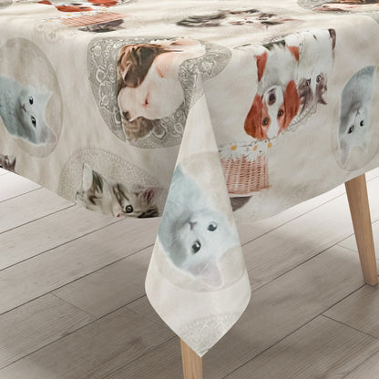 Wachstuch Tischdecke beige mit Tieren Katze Hund