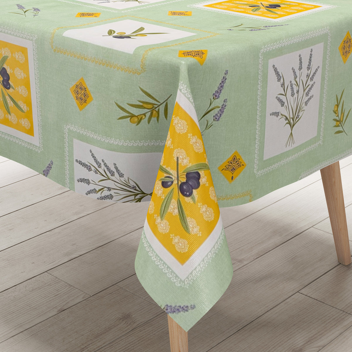 Wachstuch Tischdecke 06347-03 grün gelb mediterran Oliven Lavendel eck –