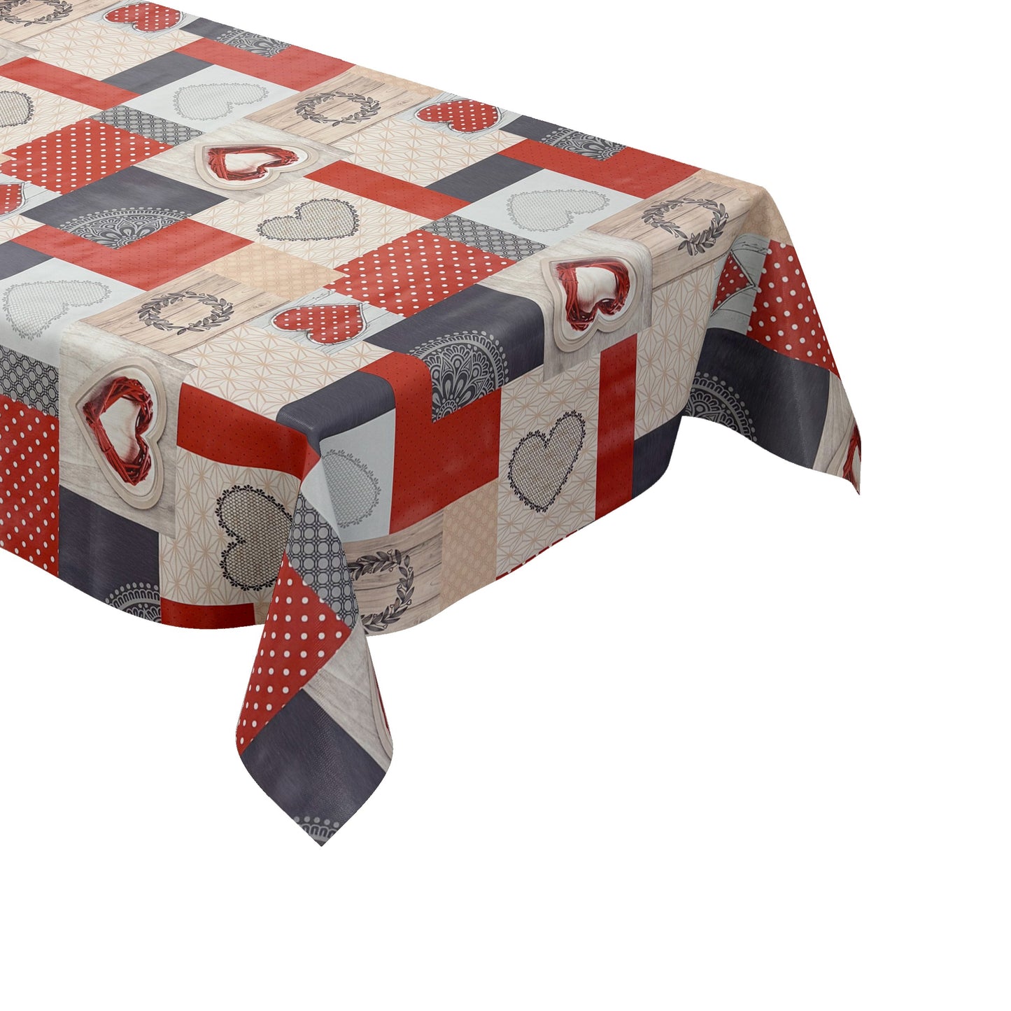 Wachstuch-Tischdecke im Patchwork-Design mit roten und grauen Herzmotiven, kombiniert mit Punkten, Holzoptik und grafischen Mustern