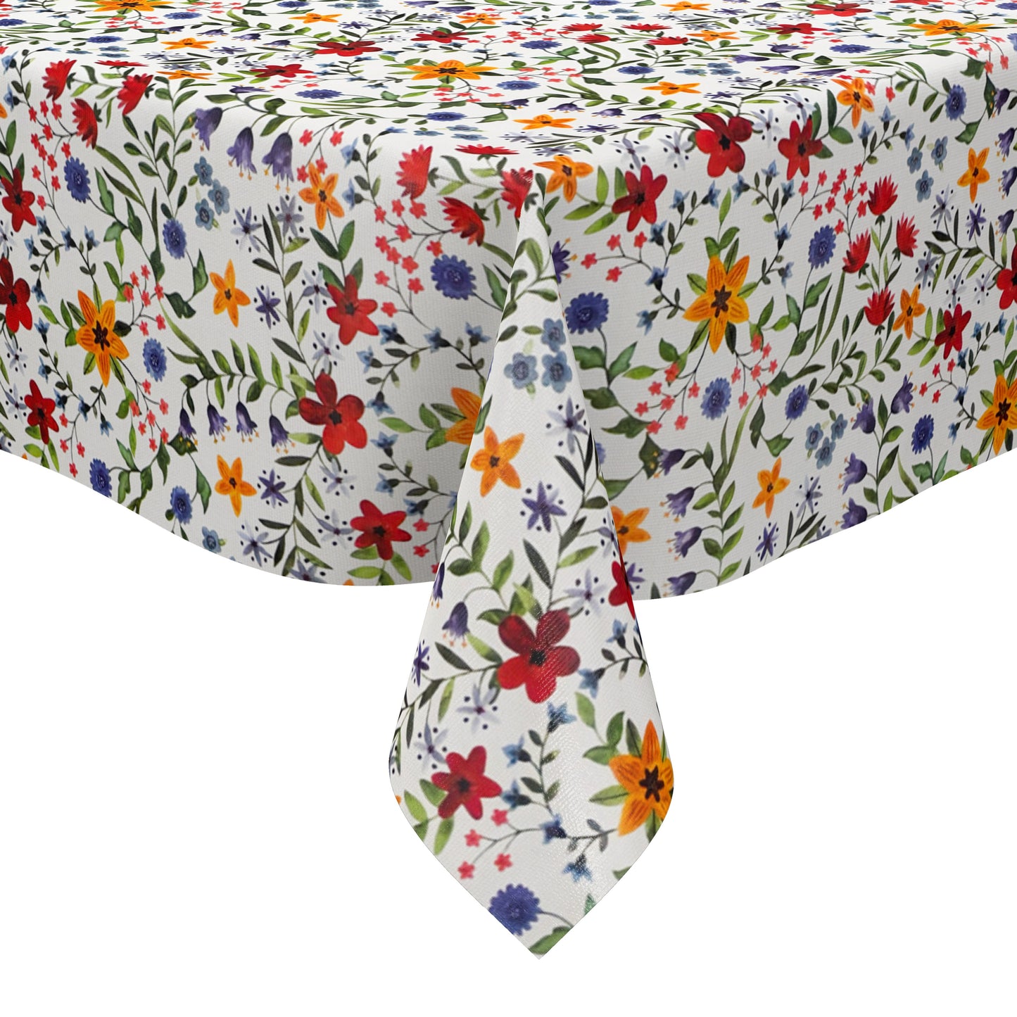 Weiße Wachstuch-Tischdecke mit dichtem, farbenfrohem Wildblumenmuster. Rote, gelbe, orangefarbene, blaue und violette Blüten sowie grüne Blätter und Ranken verteilen sich gleichmäßig über die gesamte Oberfläche und erinnern an eine blühende Sommerwiese im Landhausstil. Die rechteckige Tischdecke ist dekorativ über einen Tisch drapiert.