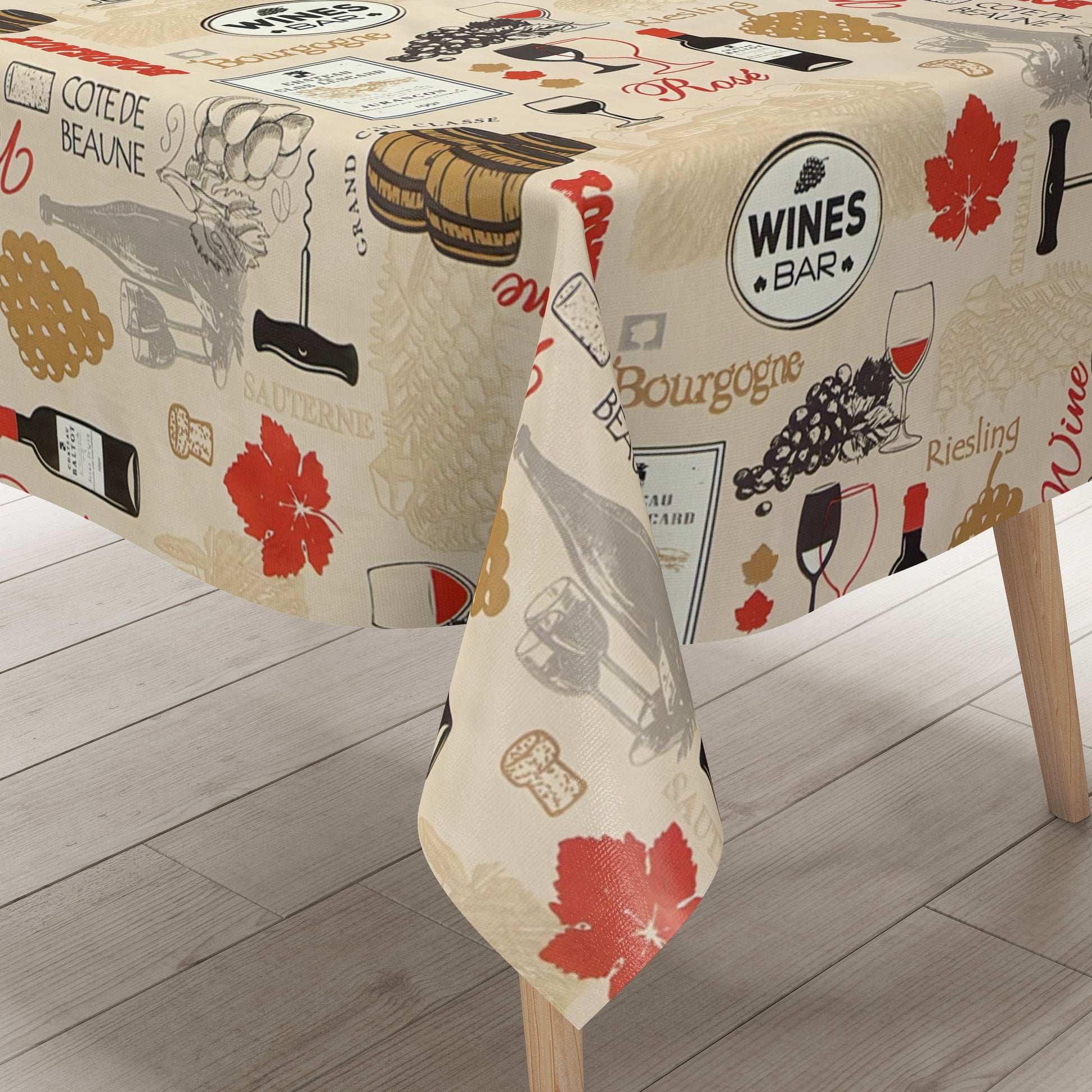 Wachstuch-Tischdecke mit dekorativem Weinmotiv auf cremefarbenem Hintergrund