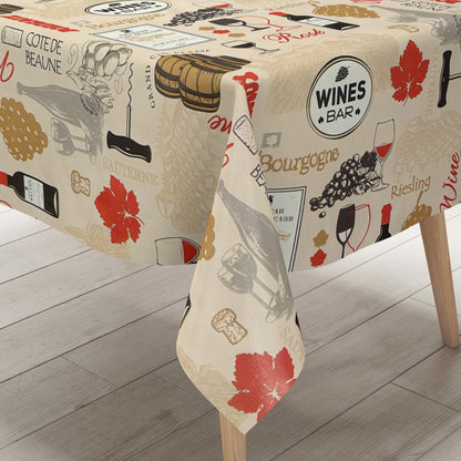 Wachstuch-Tischdecke mit dekorativem Weinmotiv auf cremefarbenem Hintergrund