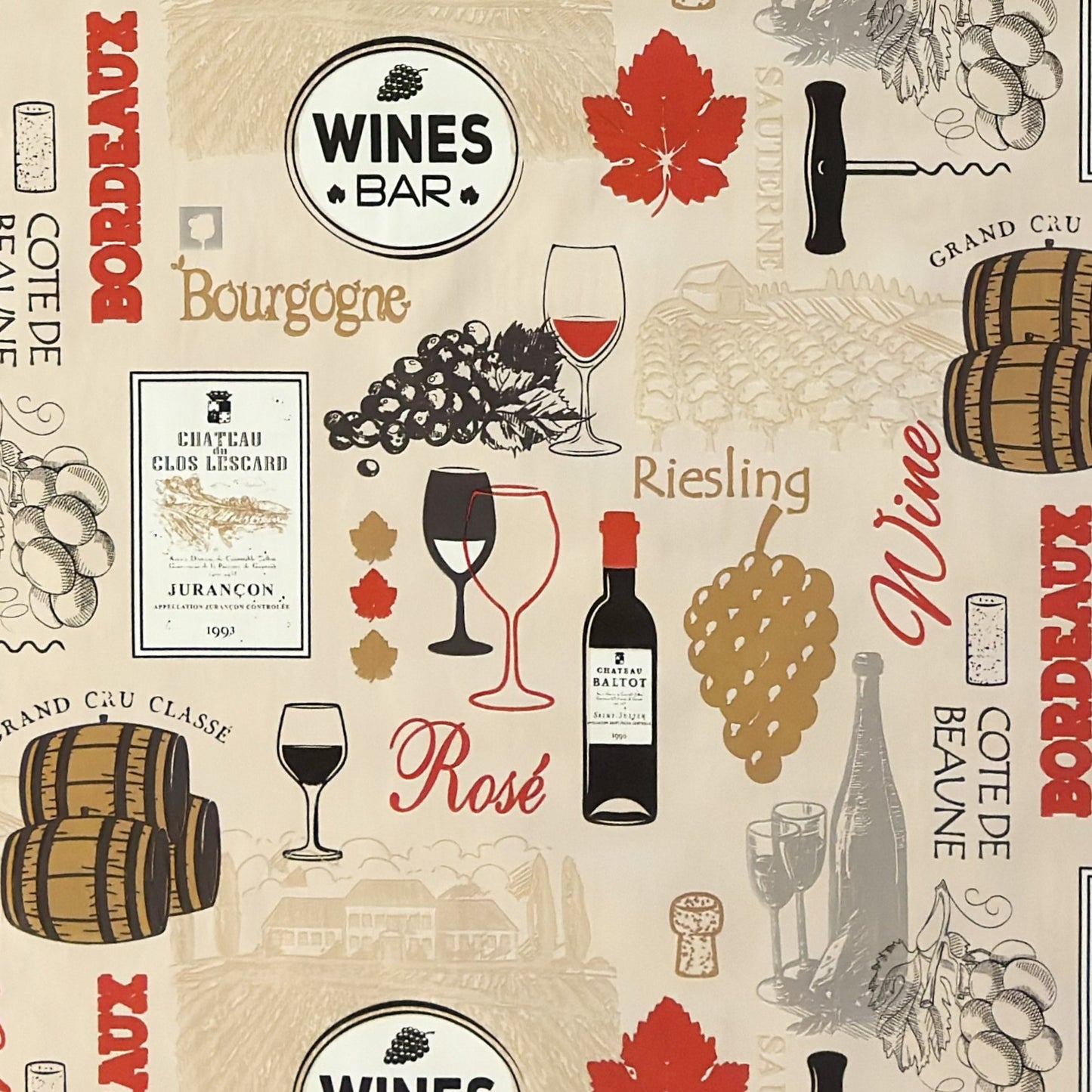 Wachstuch-Tischdecke mit dekorativem Weinmotiv auf cremefarbenem Hintergrund