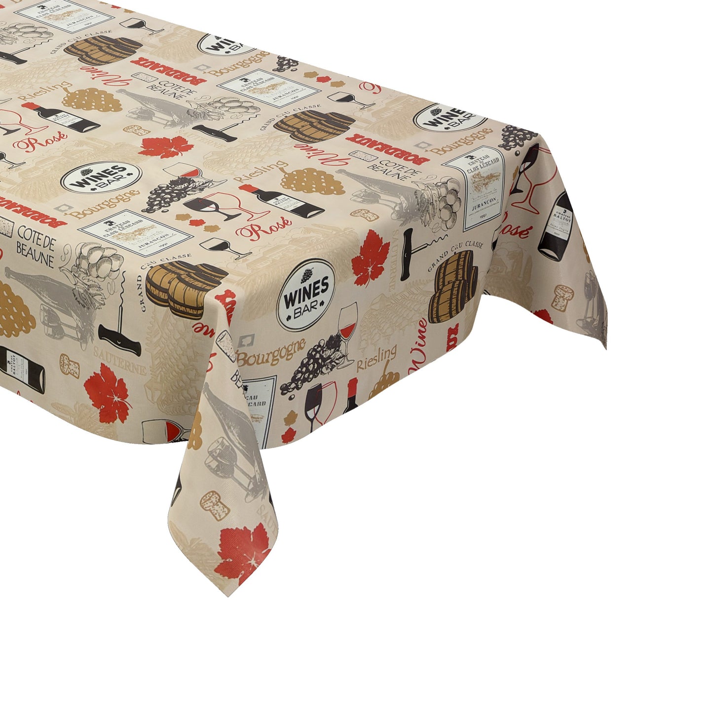 Wachstuch-Tischdecke mit dekorativem Weinmotiv auf cremefarbenem Hintergrund