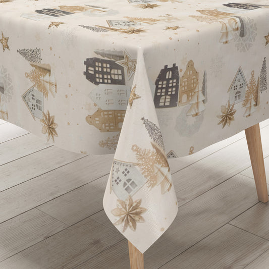 Wachstuch Tischdecke Weihnachten Häuser beige