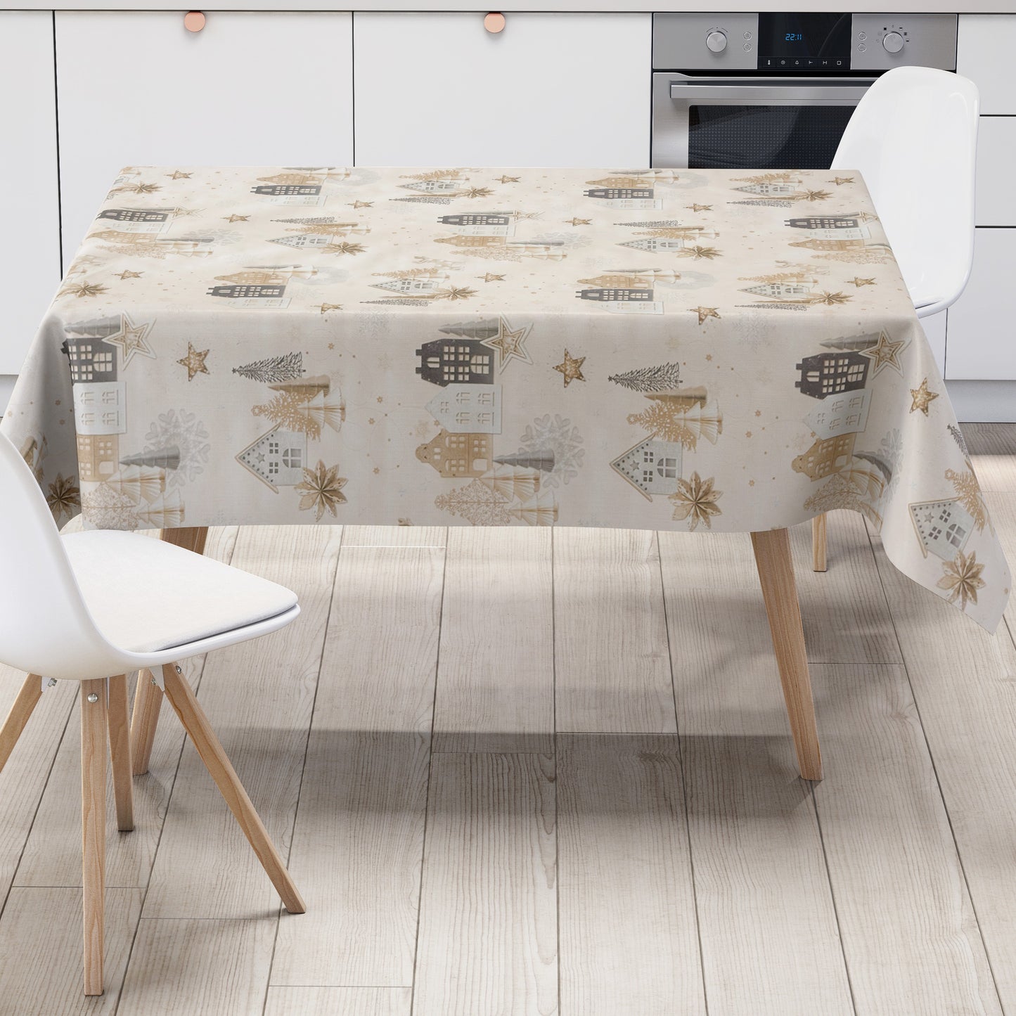 Wachstuch Tischdecke 06378-01 beige Weihnachten Advent Winterdorf eckig rund oval