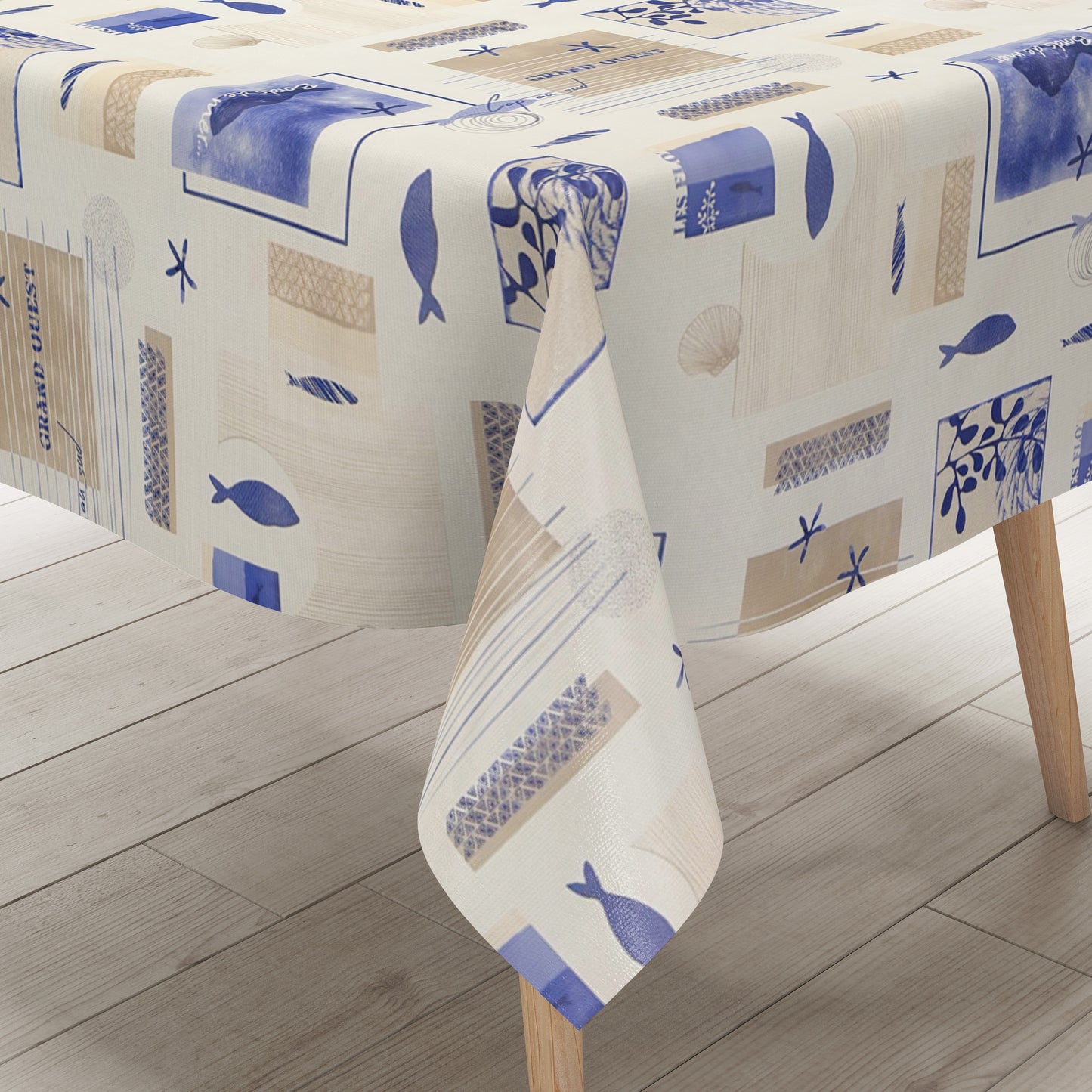 Wachstuch Tischdecke Maritim Blau-Beige – Fische & Seesterne Design