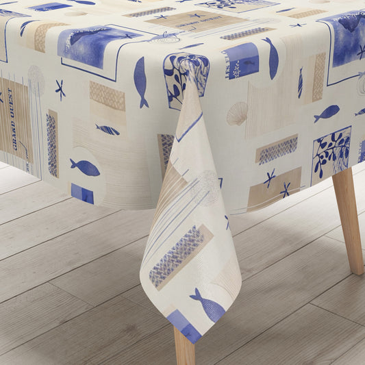 Wachstuch Tischdecke Maritim Blau-Beige – Fische & Seesterne Design