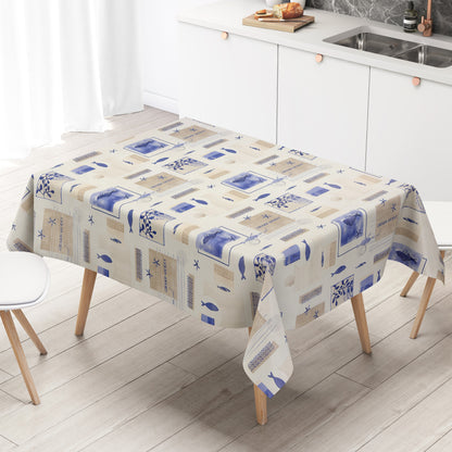 Wachstuch Tischdecke Maritim Blau-Beige – Fische & Seesterne Design