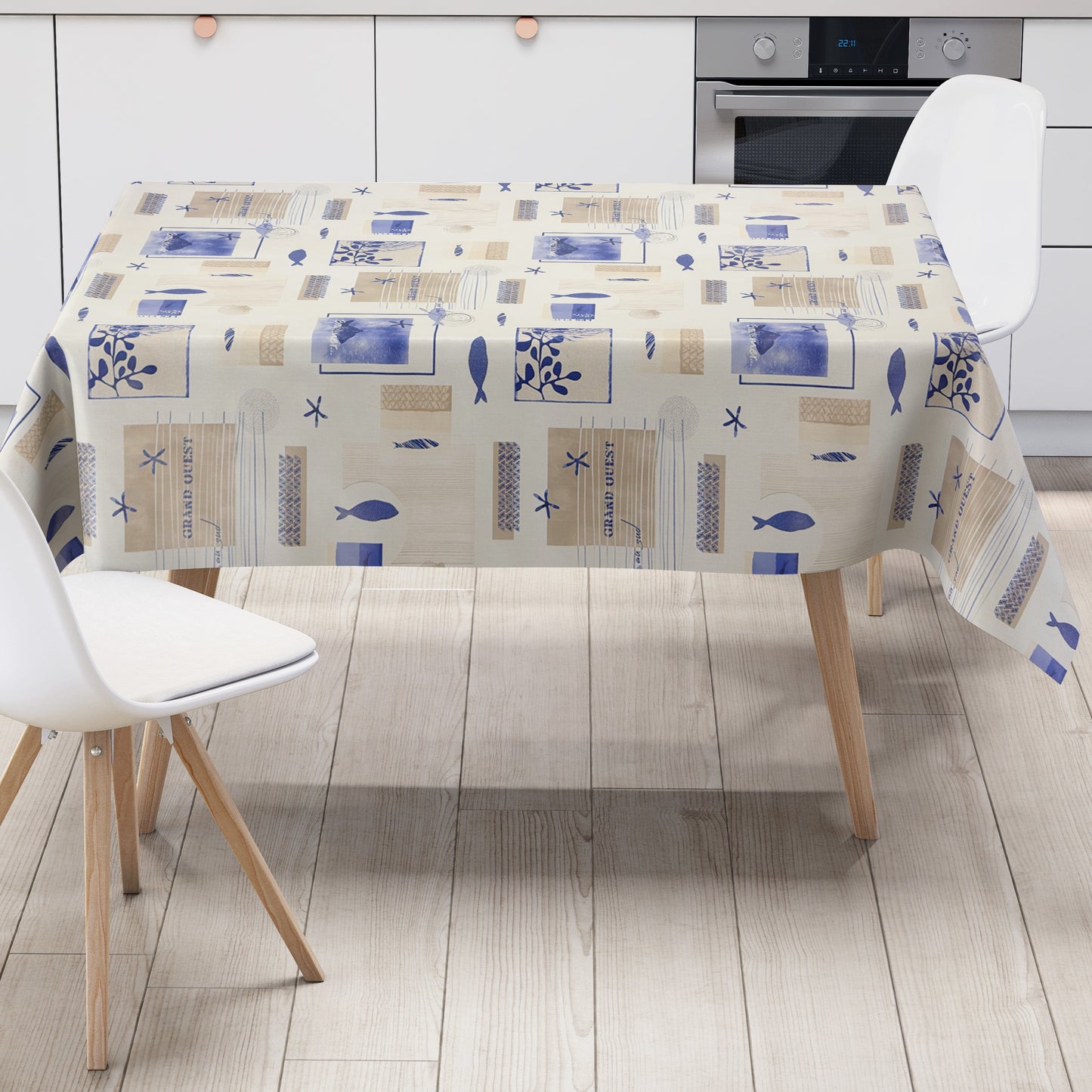 Wachstuch Tischdecke Maritim Blau-Beige – Fische & Seesterne Design