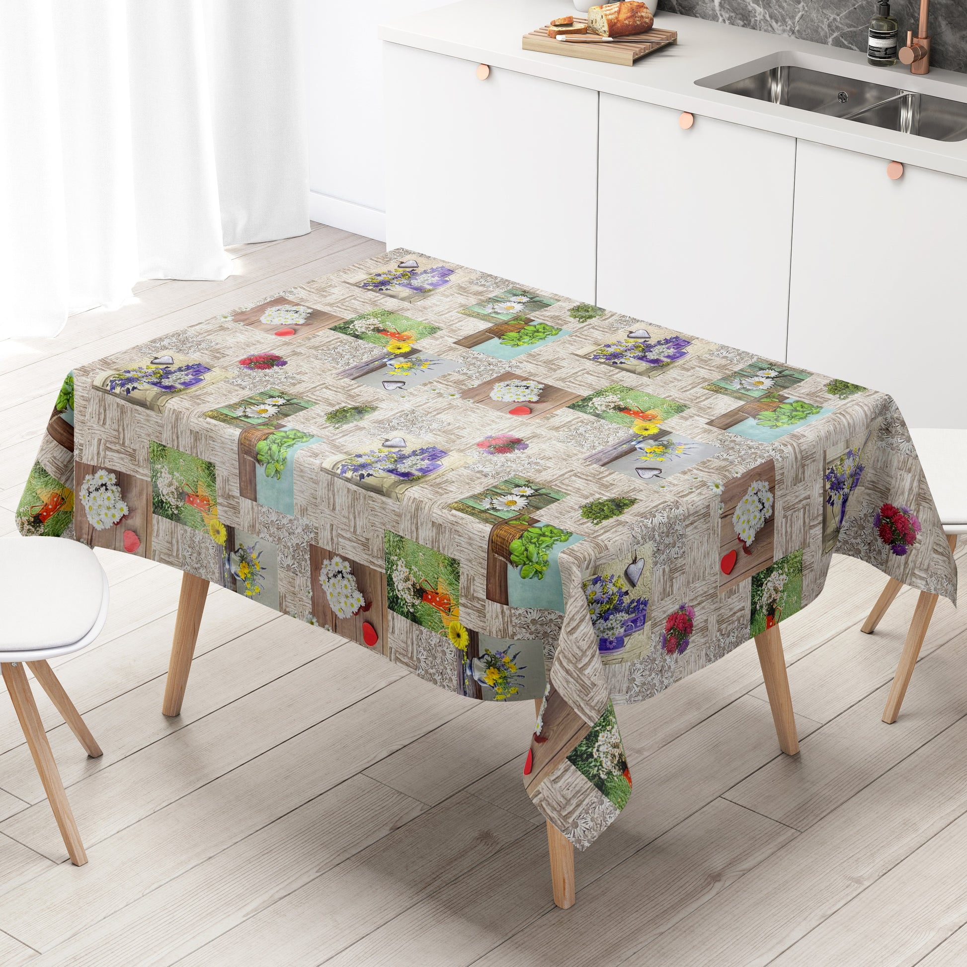 Wachstuch Tischdecke Blumen auf Holz