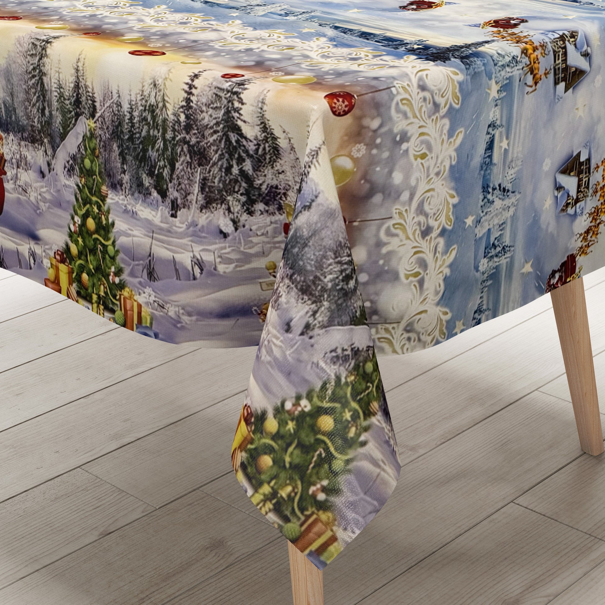 Wachstuch Tischdecke Bordürenmuster 133A Weihnachten Winterlandschaft Weihnachtsmann eckig rund oval