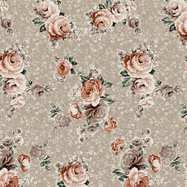 Wachstuch-Tischdecke mit romantischem Rosenmuster auf taupefarbenem Hintergrund. Große Blüten in Rosé-, Apricot- und Cremetönen sowie zarte Blätter verleihen dem floralen Design einen eleganten Vintage- und Landhausstil.